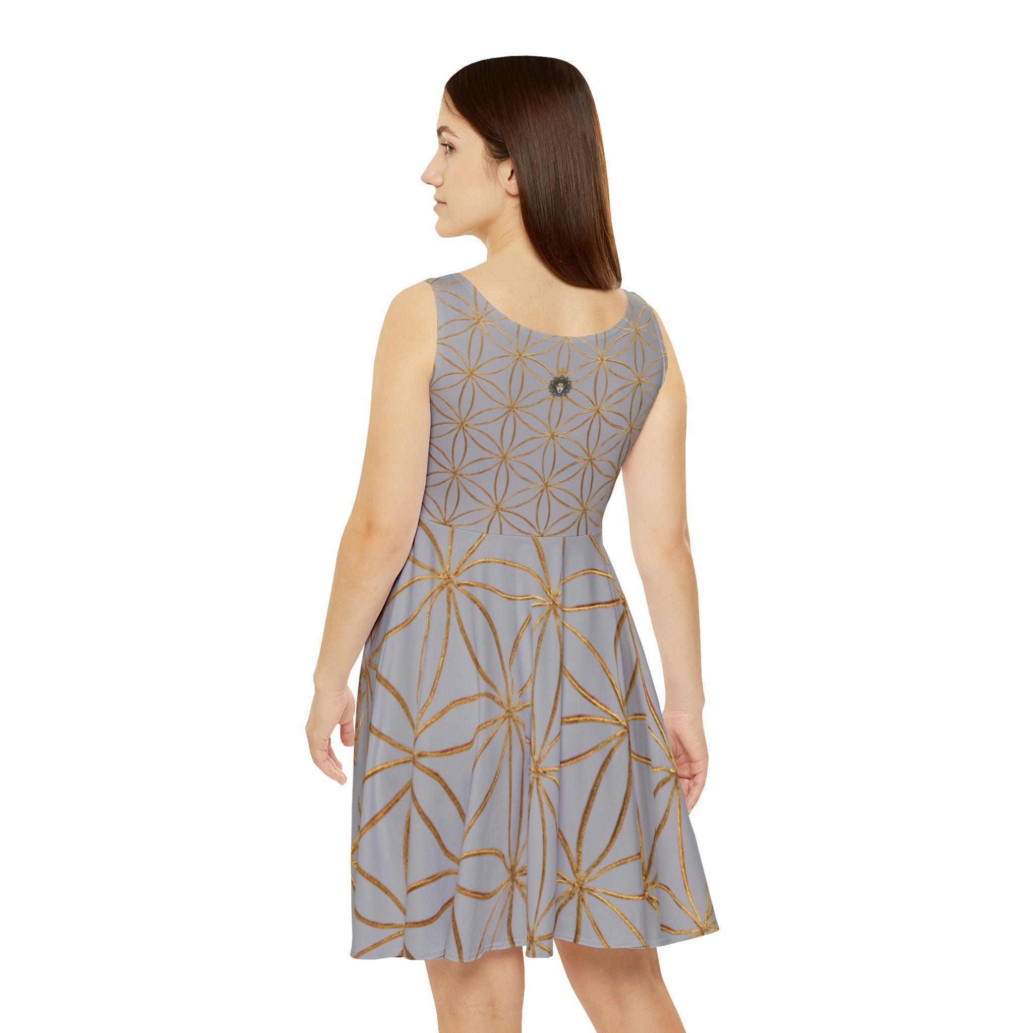 Light Grey Flower of Life Skater Dress - Women's Floral Gold Print Summer Dress