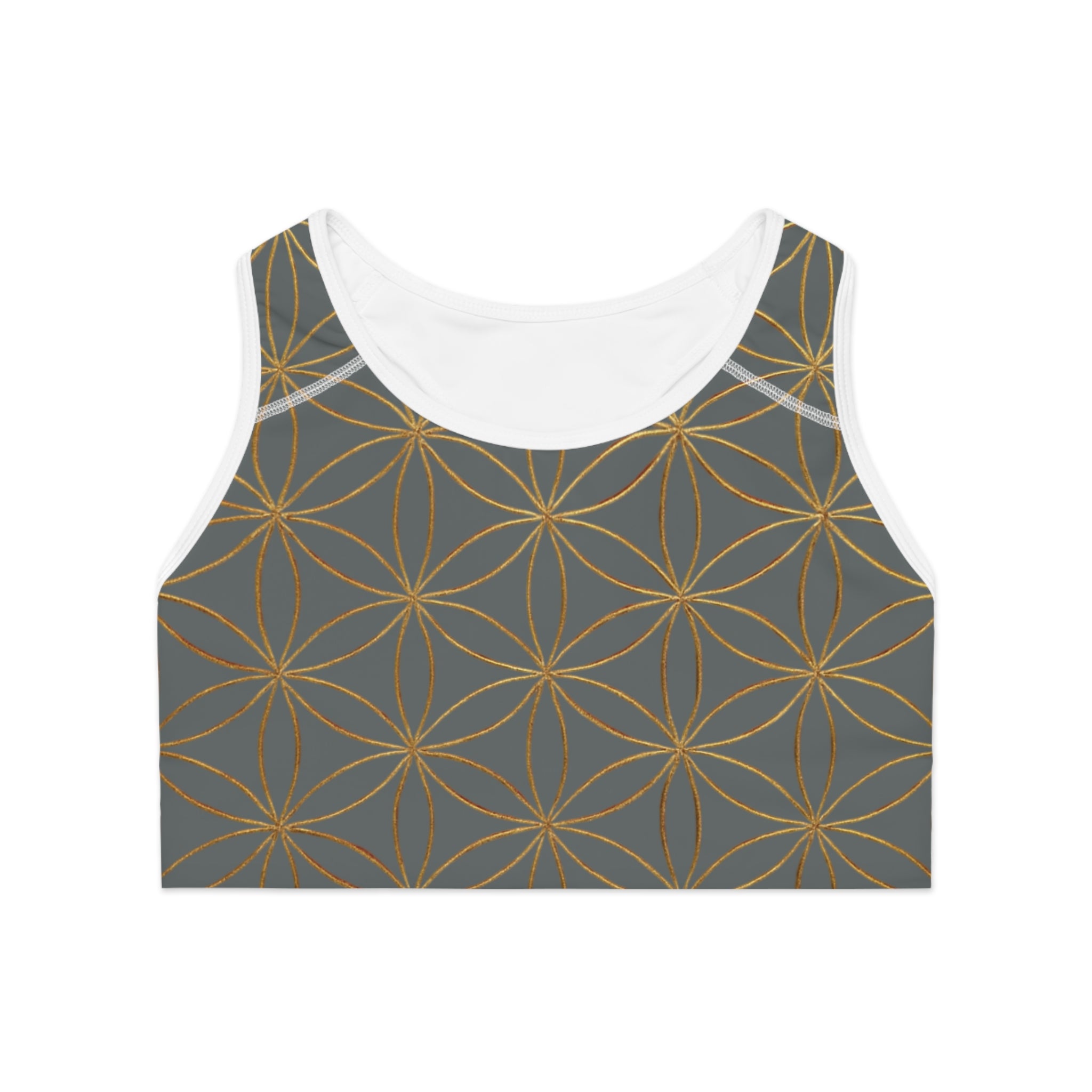 Bozz Queen Dark Grey & Gold Flower of Life Sports Bra - Yoga Workout Top
