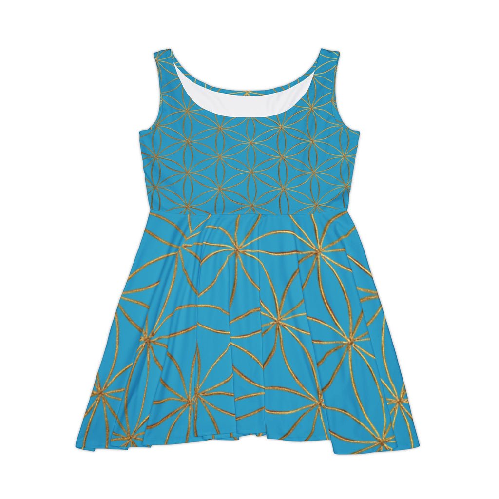 Turquoise Flower of Life Skater Dress - Women's Floral Gold Print Summer Dress