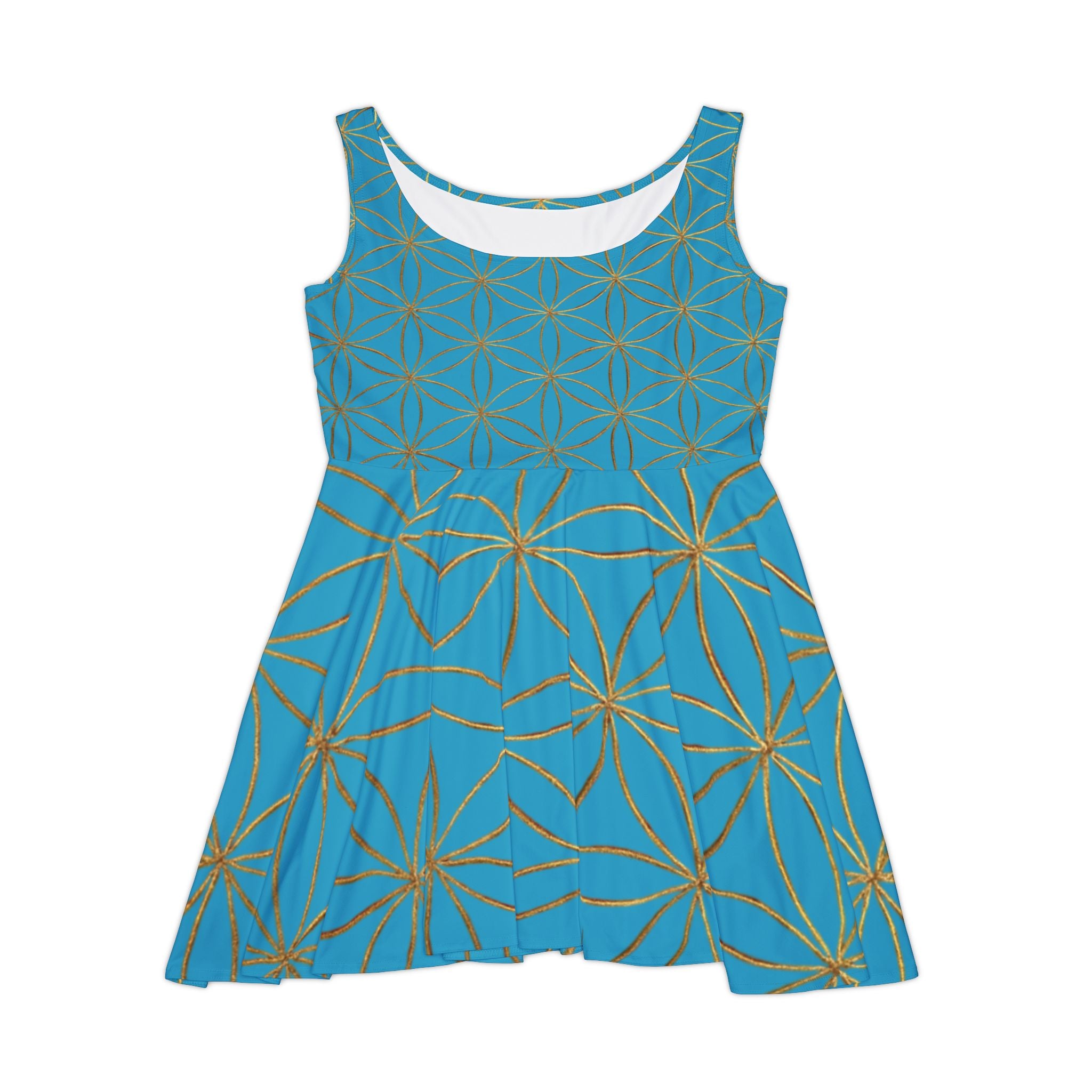 Turquoise Flower of Life Skater Dress - Women's Floral Gold Print Summer Dress