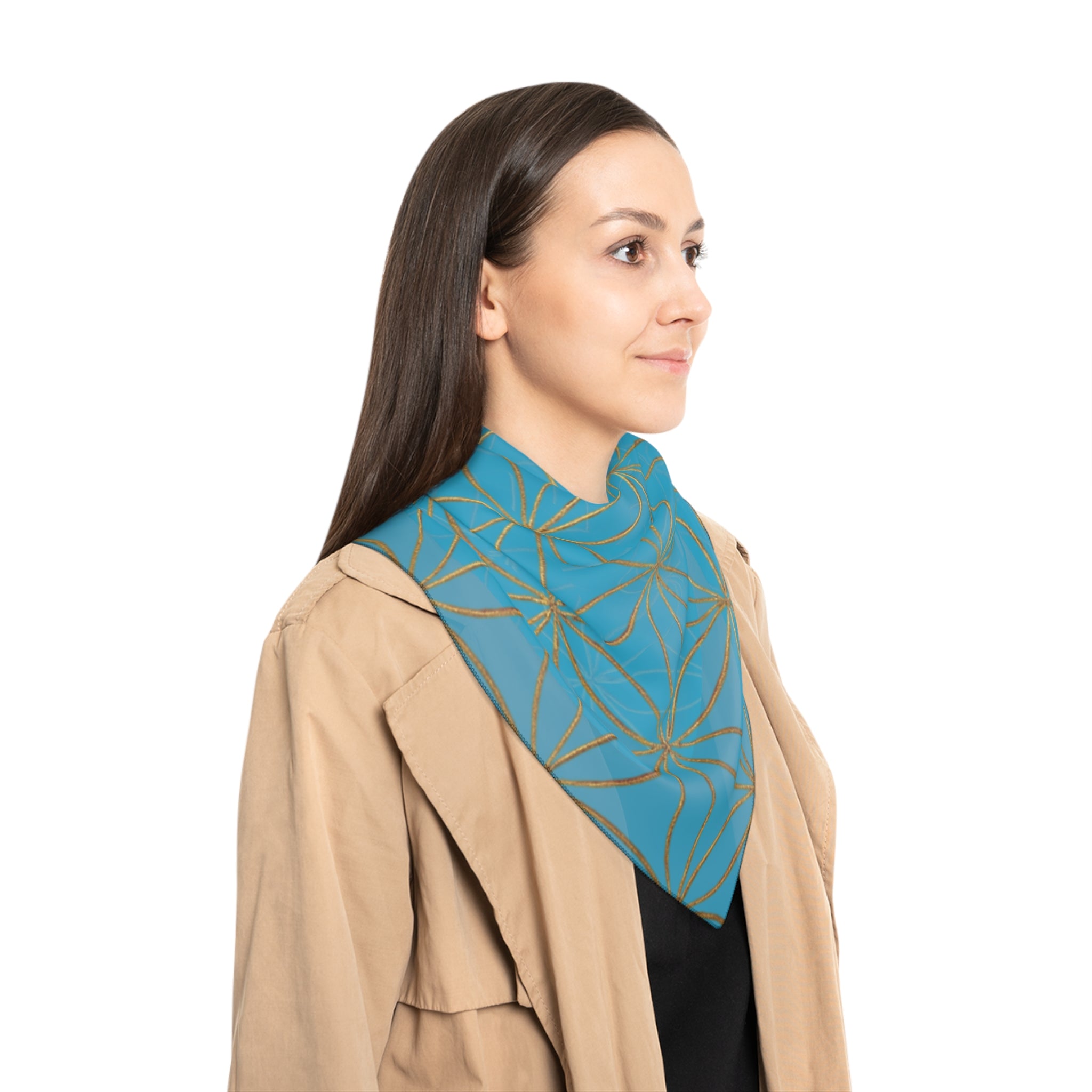 Turquoise and golden Flower of Life Elegant Floral Poly Scarf, Boho Chic Accessory, Perfect for Spring, Mother's Day Gift, Versatile Fashion Scarf, Lightweight Wrap
