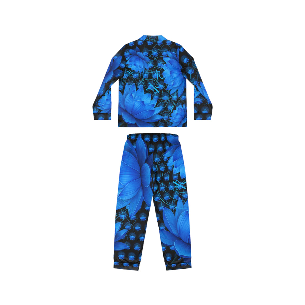 Throat Chakra Blossom Blue Satin Pajamas Set - Luxurious Women's Sleepwear