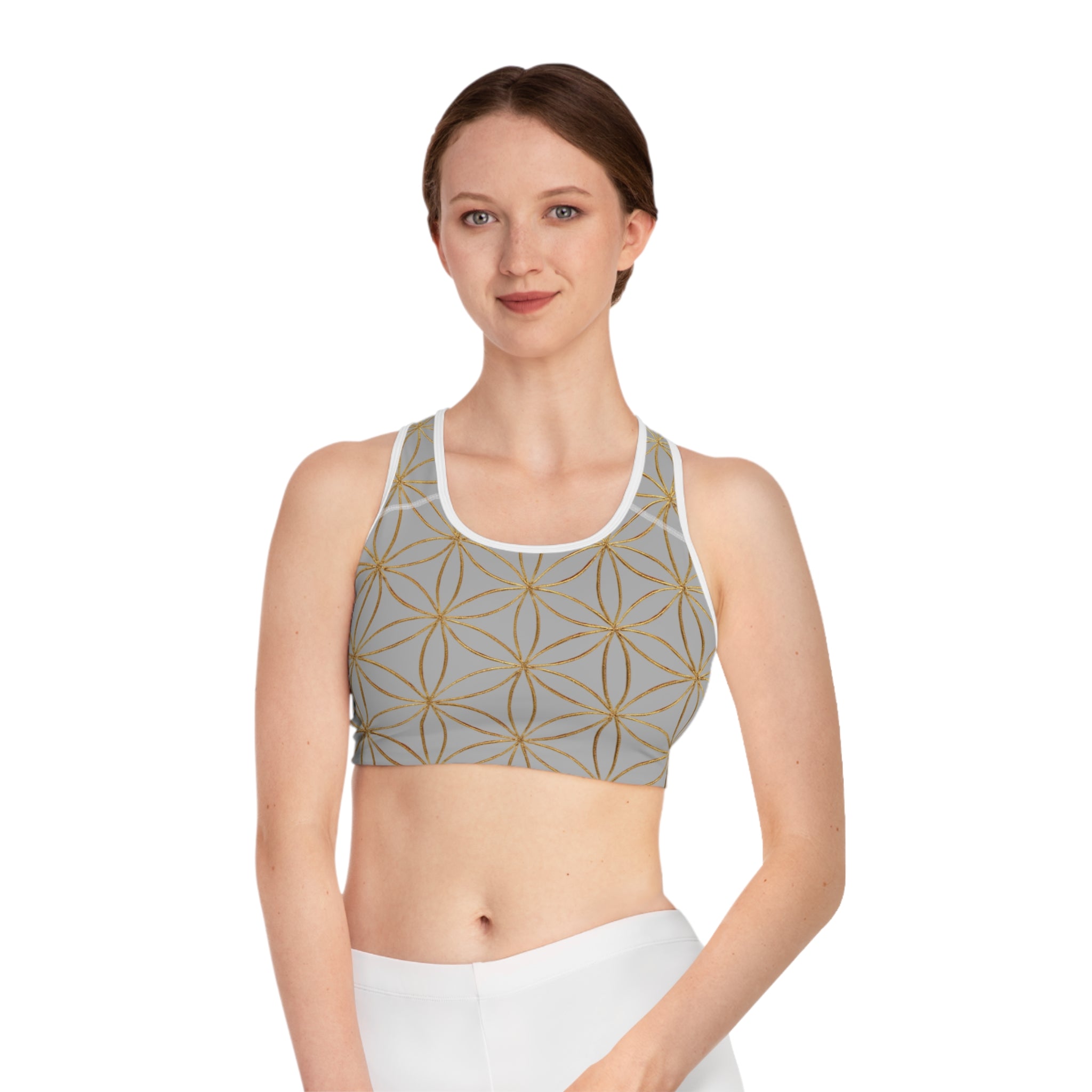 Bozz Queen Light Grey & Gold Flower of Life Sports Bra - Yoga Workout Top