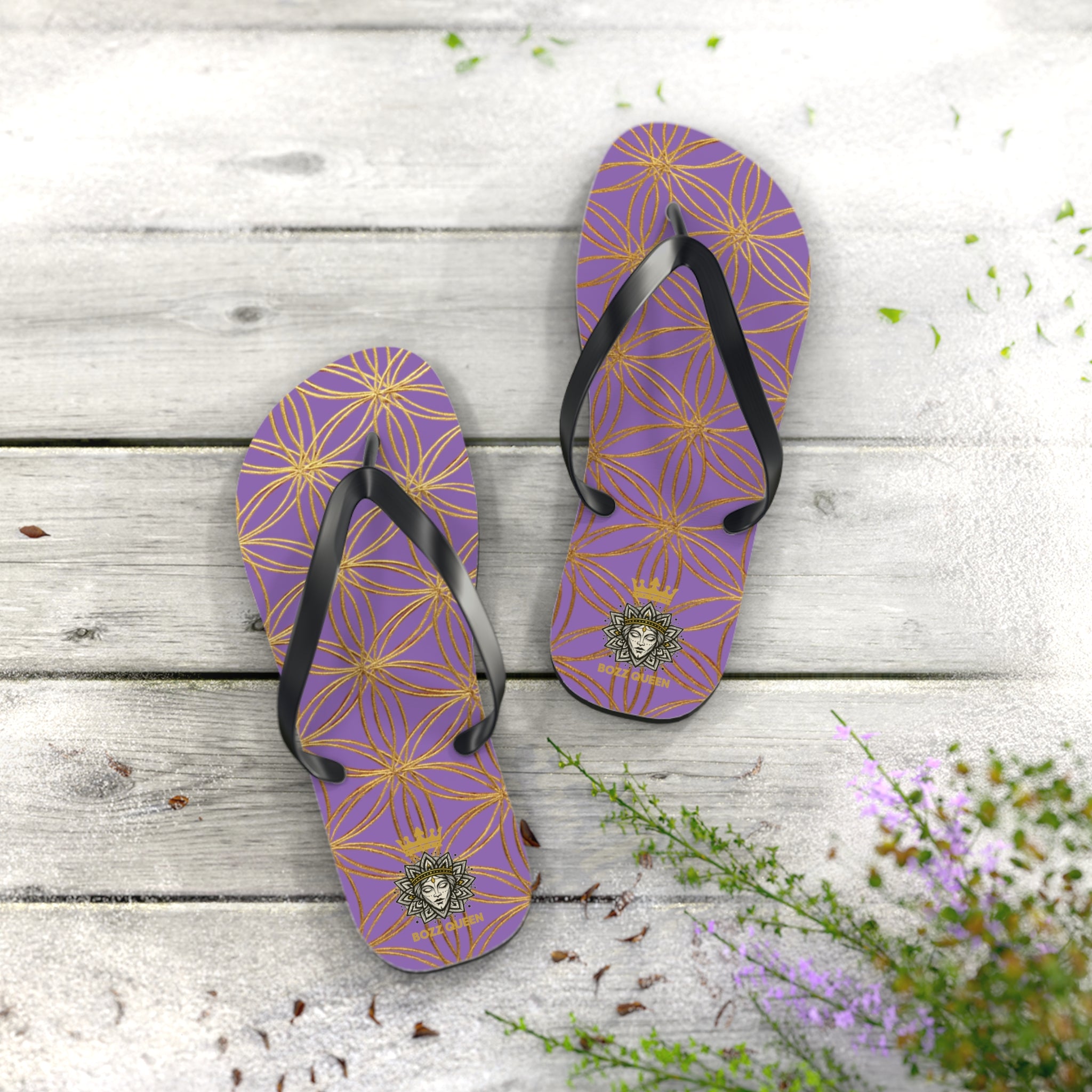 Bozz Queen Light Purple & Gold Flower of Life Flip Flops - Elegant Beach Sandals