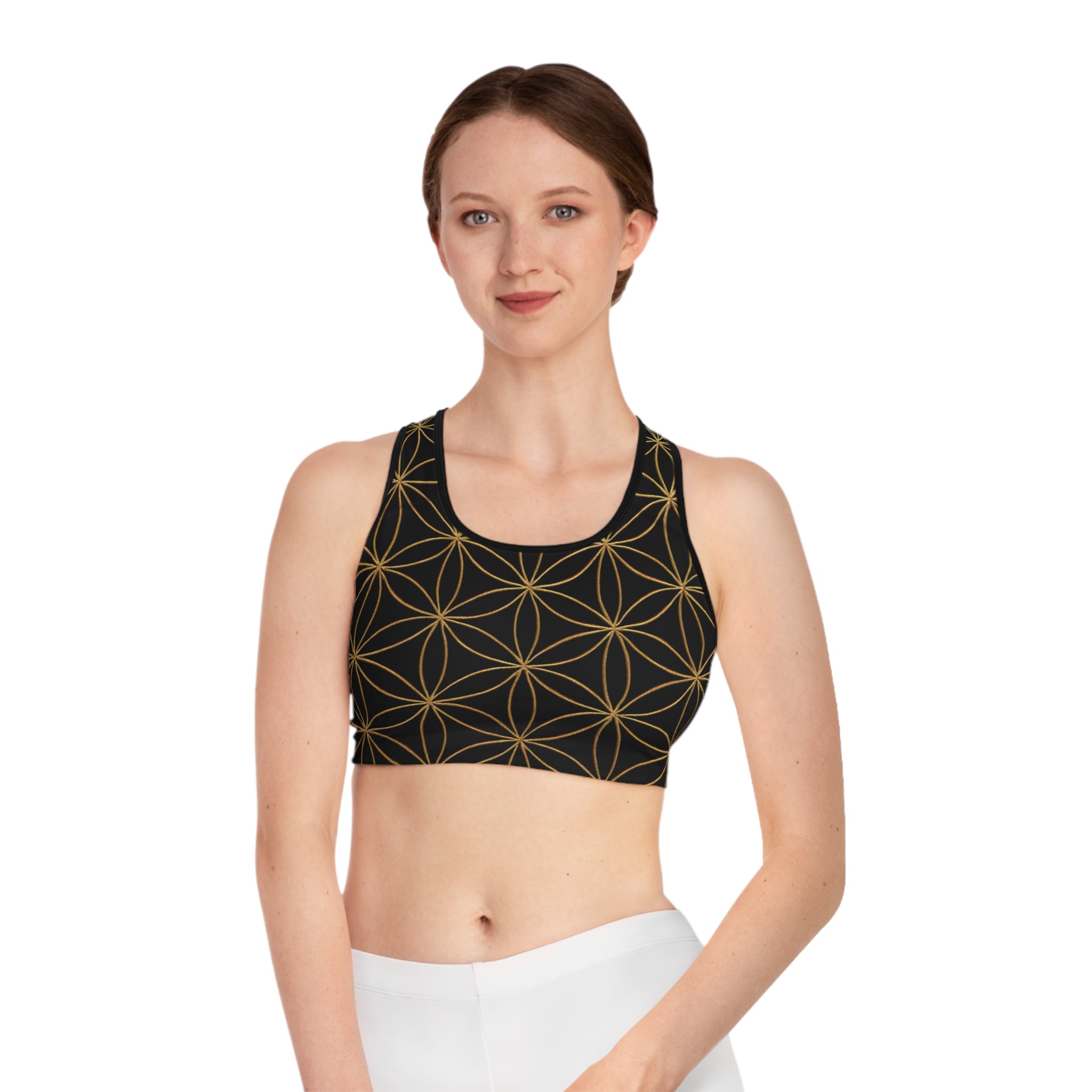 Bozz Queen Black & Gold Flower of Life Sports Bra - Yoga Workout Top