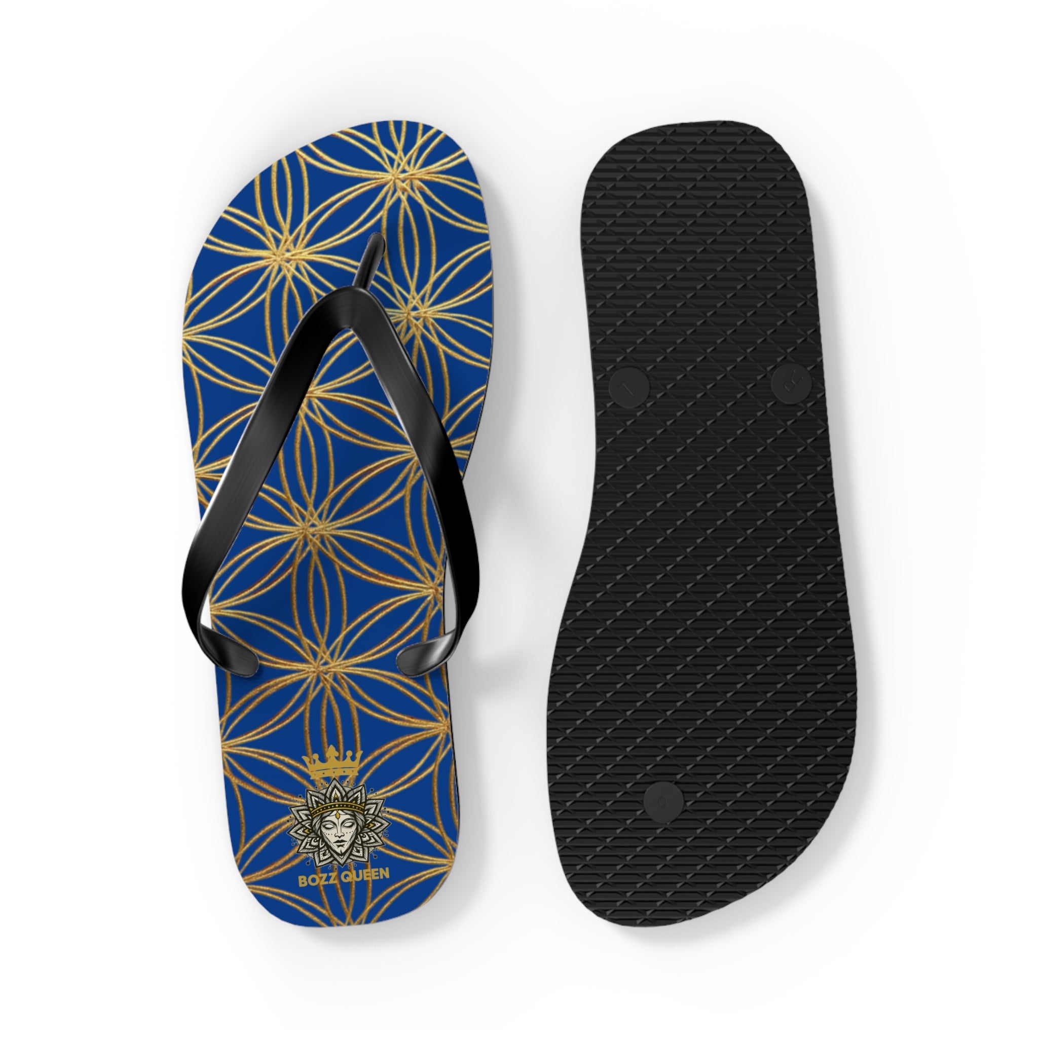 Bozz Queen Dark Blue & Gold Flower of Life Flip Flops - Elegant Beach Sandals