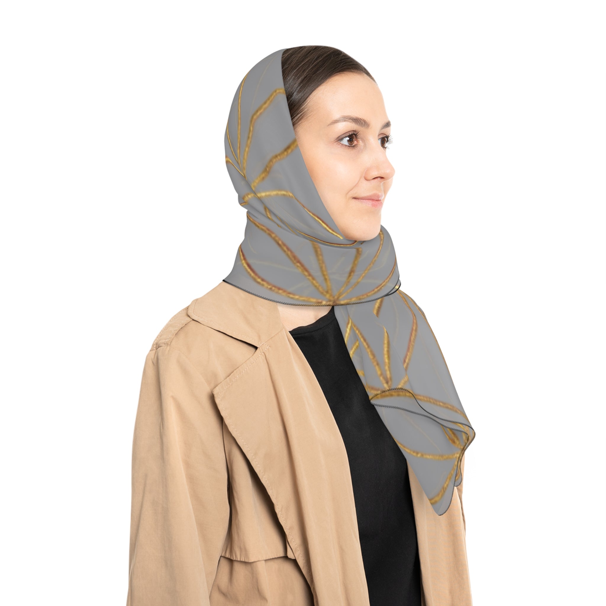 Bozz Queen Flower of Life Scarf - Grey & Gold Elegant Lightweight Poly Scarf