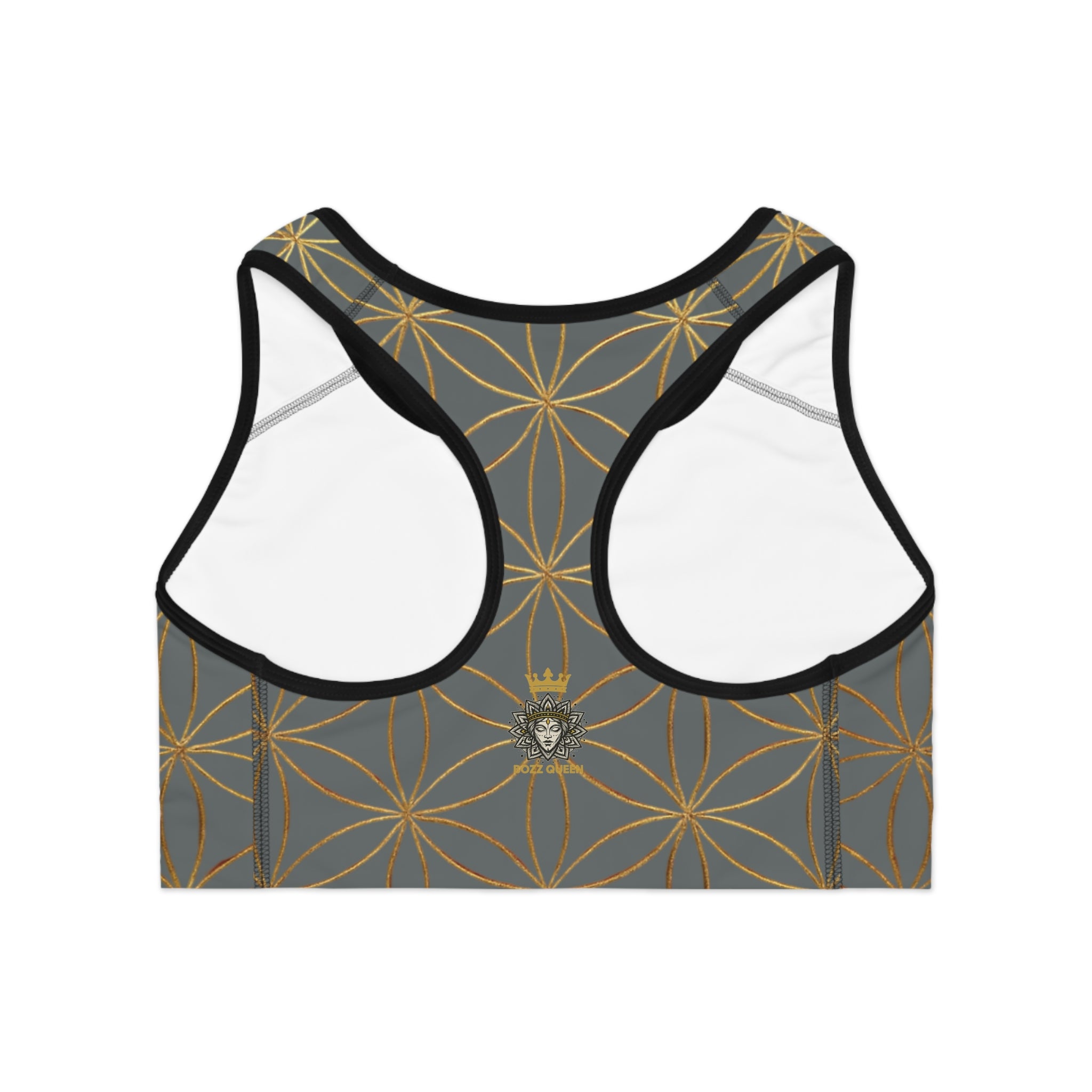 Bozz Queen Dark Grey & Gold Flower of Life Sports Bra - Yoga Workout Top