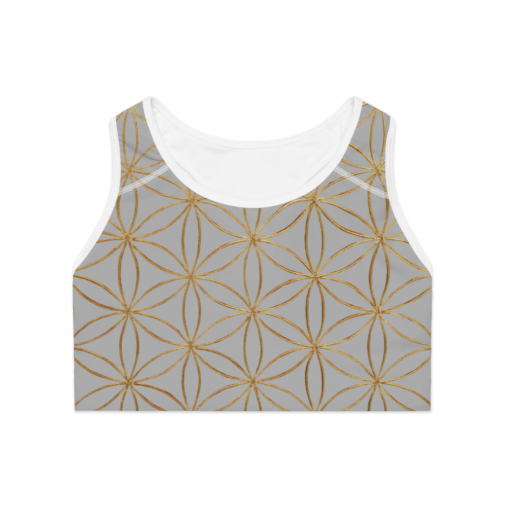 Bozz Queen Light Grey & Gold Flower of Life Sports Bra - Yoga Workout Top