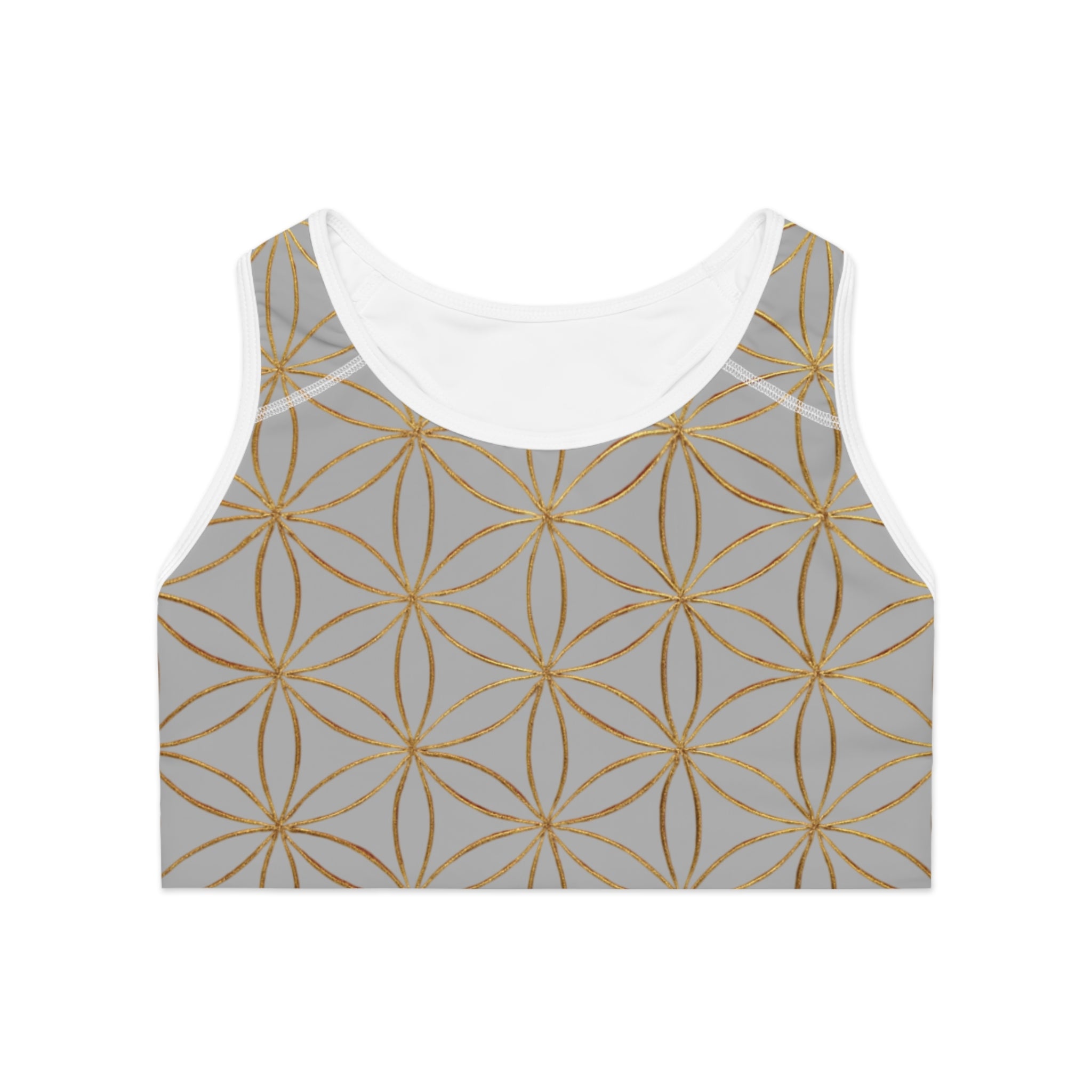Bozz Queen Light Grey & Gold Flower of Life Sports Bra - Yoga Workout Top