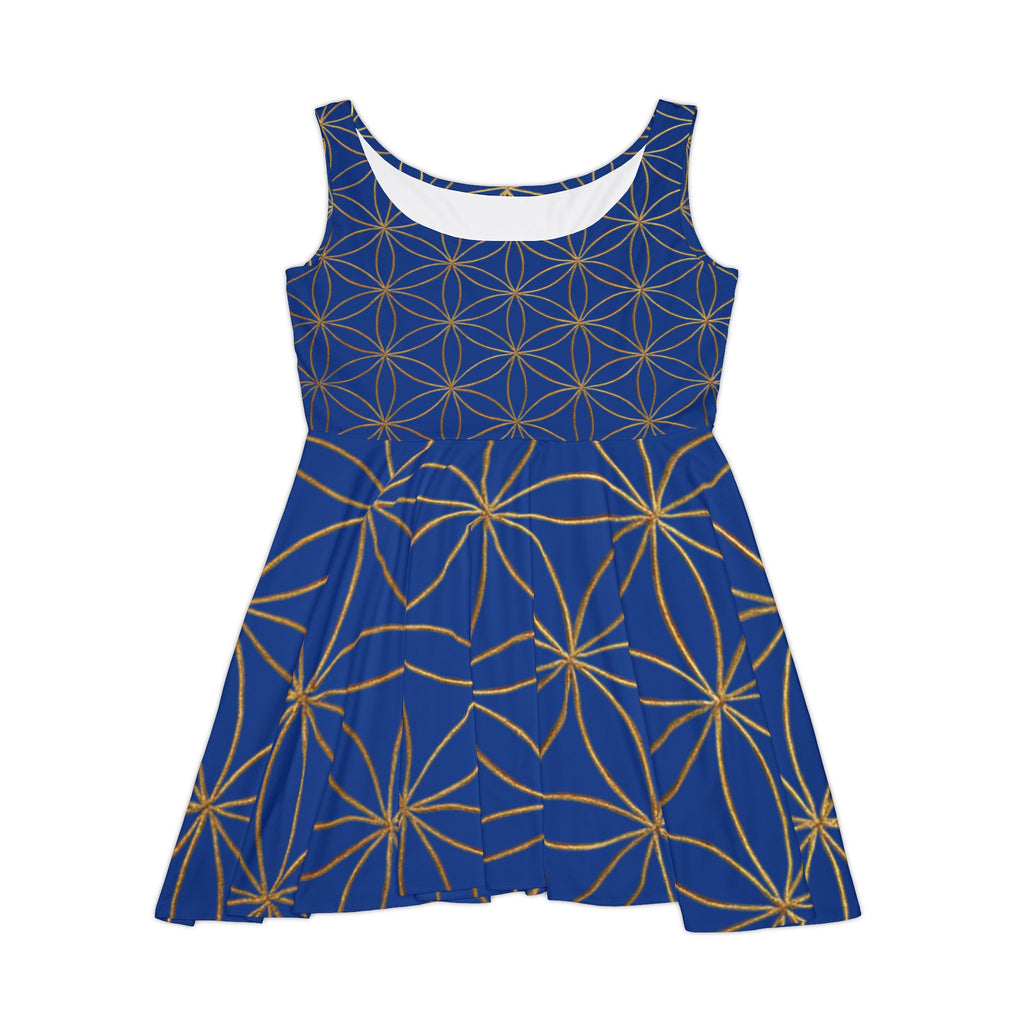Dark Blue Flower of Life Skater Dress - Women's Floral Gold Print Summer Dress