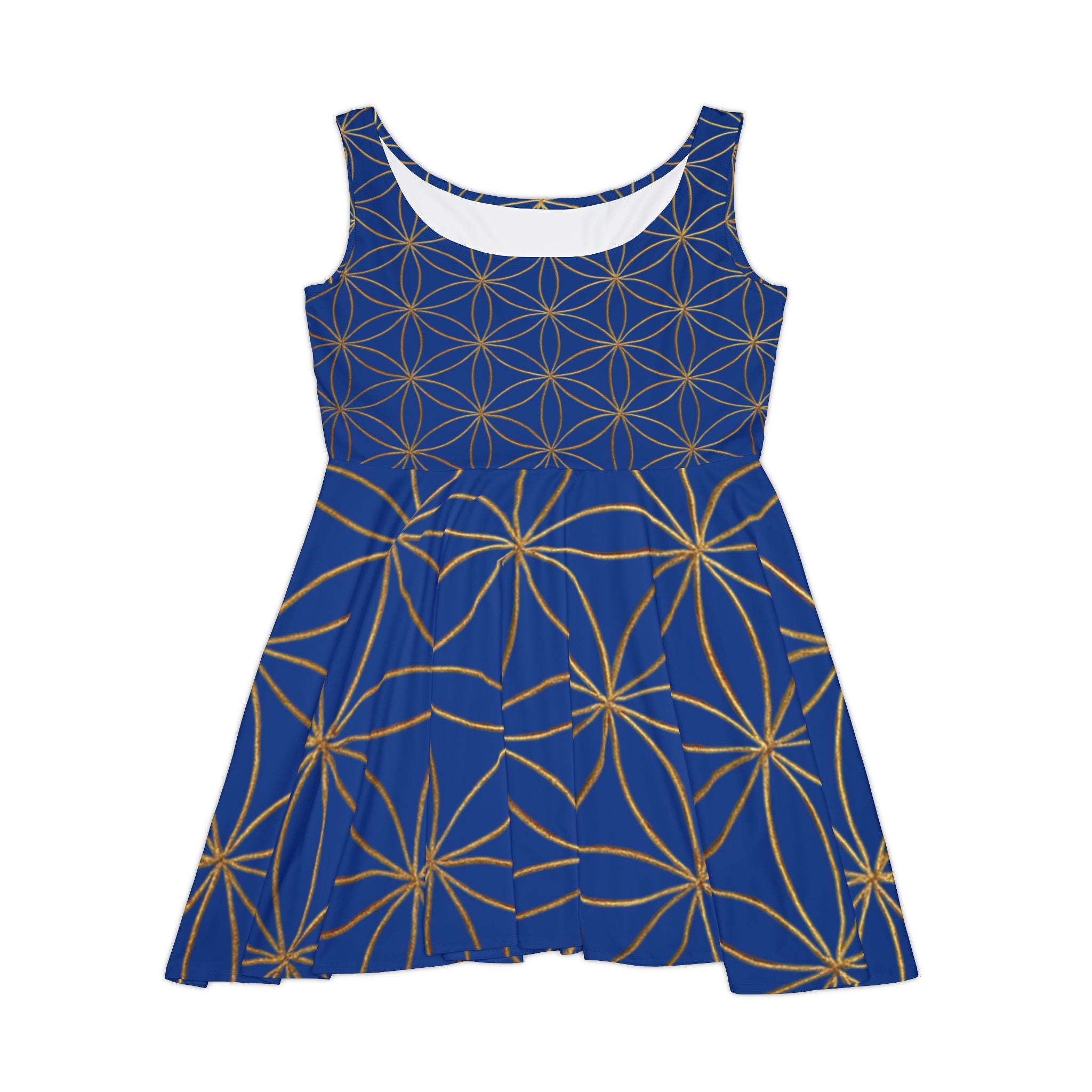 Dark Blue Flower of Life Skater Dress - Women's Floral Gold Print Summer Dress