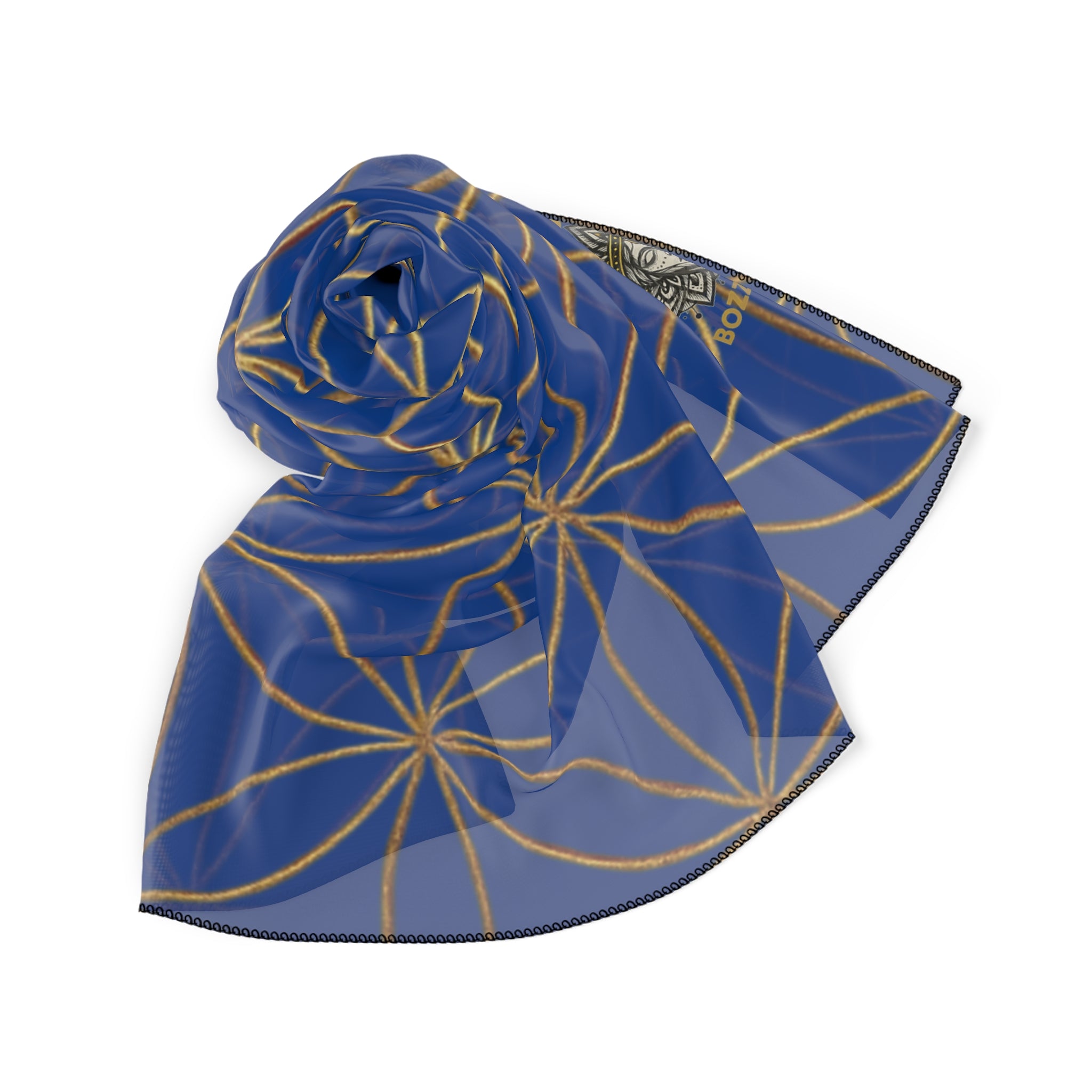 Bozz Queen Flower of Life Scarf - Dark Blue & Gold Elegant Lightweight Poly Scarf