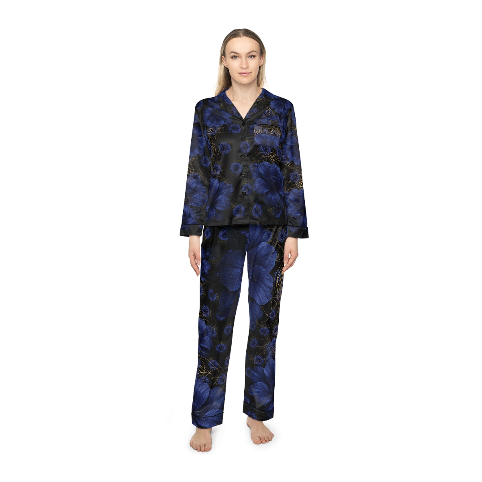 Third Eye Chakra Floral Satin Pajamas Set - Luxurious Women's Sleepwear Gift