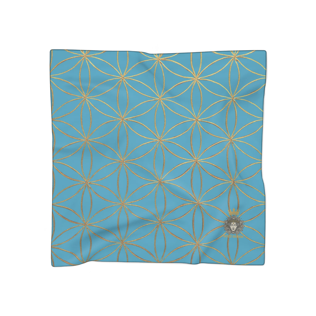 Turquoise and golden Flower of Life Elegant Floral Poly Scarf, Boho Chic Accessory, Perfect for Spring, Mother's Day Gift, Versatile Fashion Scarf, Lightweight Wrap