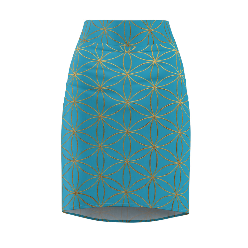Turquoise Flower of Life Pencil Skirt - Women's Chic Office & Date Night Skirt