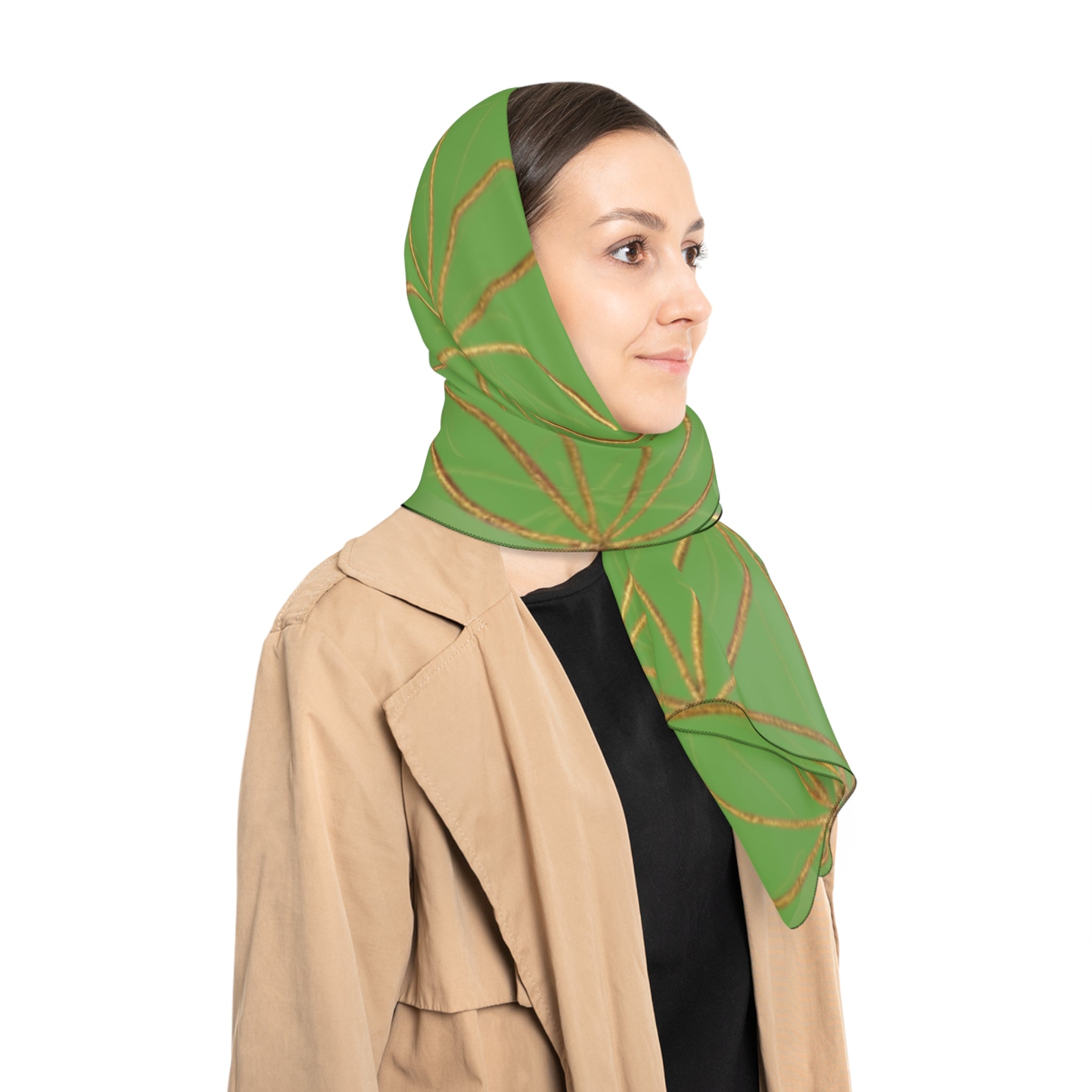 Bozz Queen Flower of Life Scarf - Green & Gold Elegant Lightweight Poly Scarf