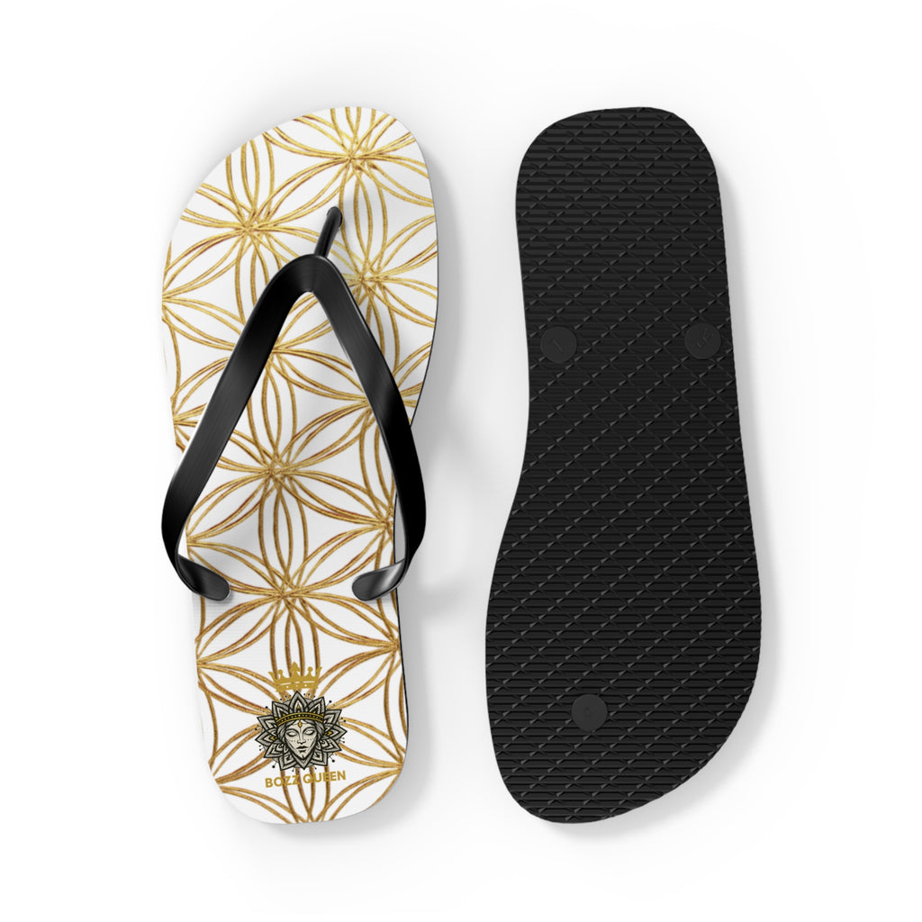 Bozz Queen White & Gold Flower of Life Flip Flops - Elegant Beach Sandals