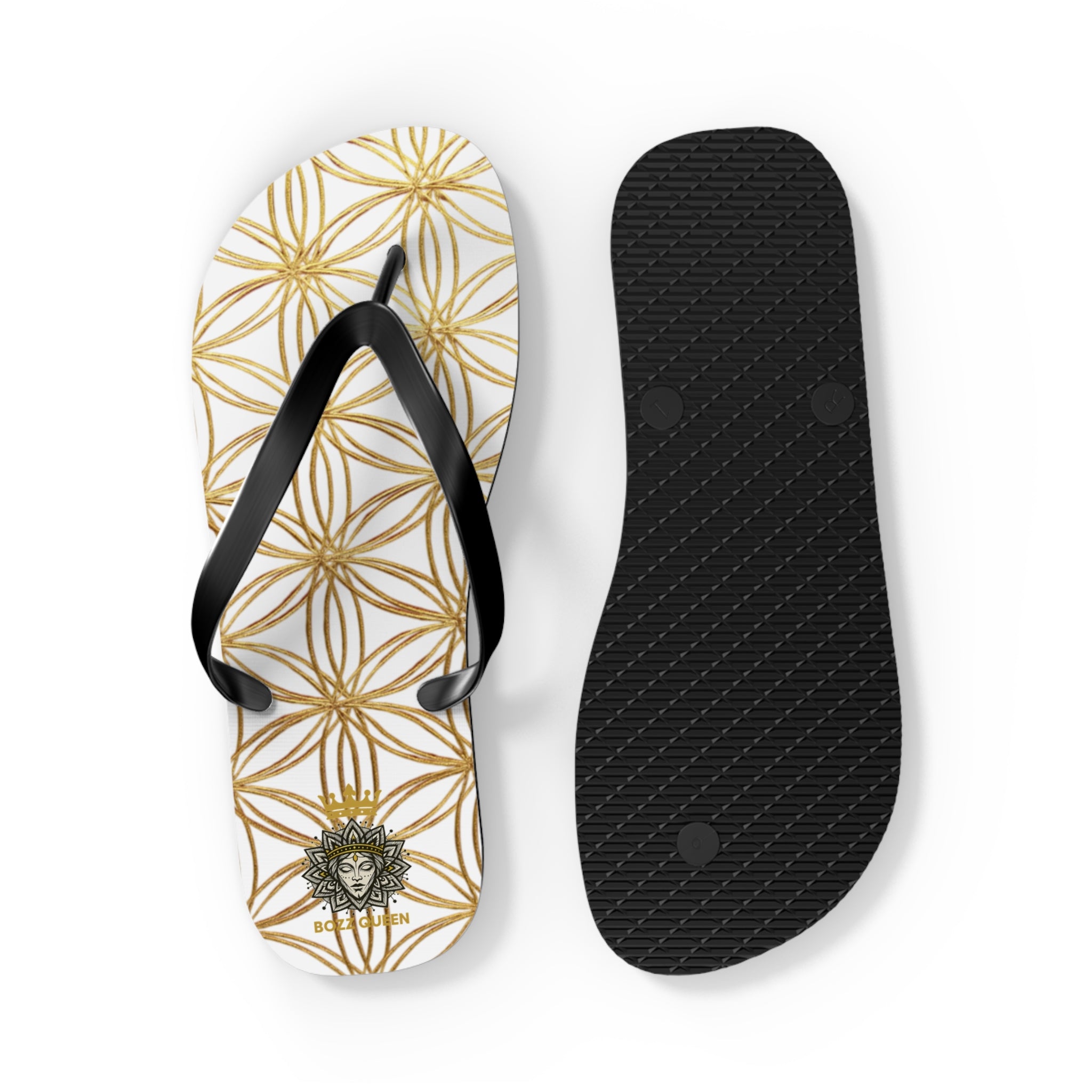 Bozz Queen White & Gold Flower of Life Flip Flops - Elegant Beach Sandals