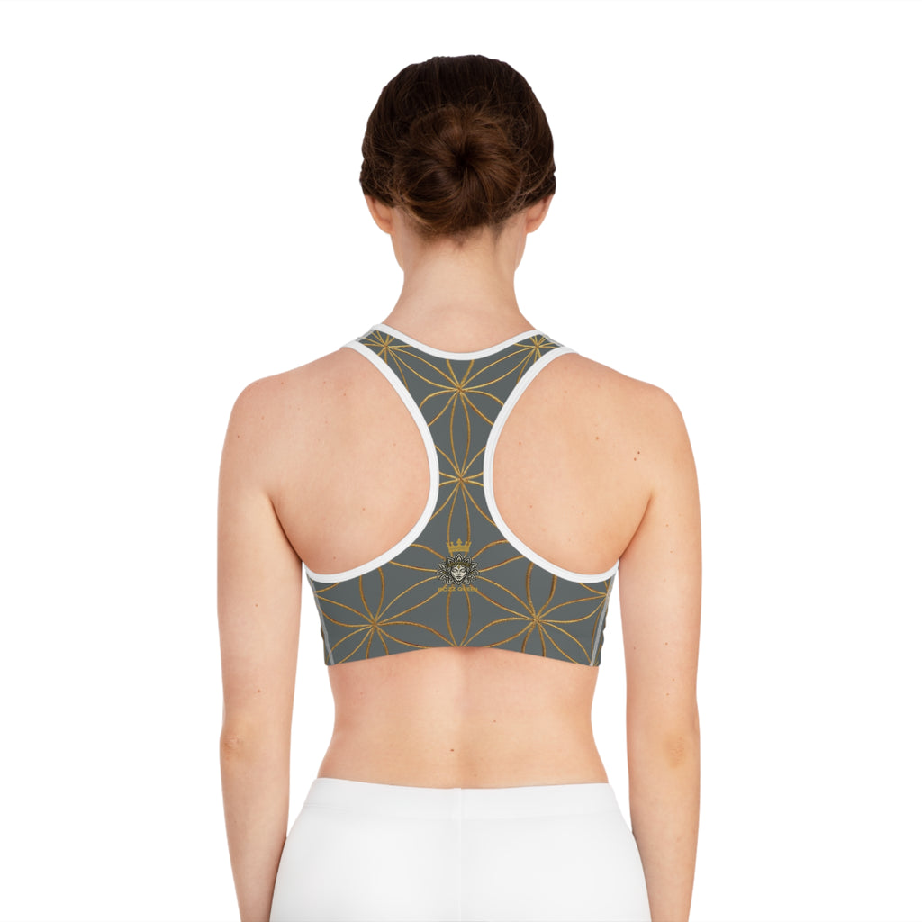 Bozz Queen Dark Grey & Gold Flower of Life Sports Bra - Yoga Workout Top