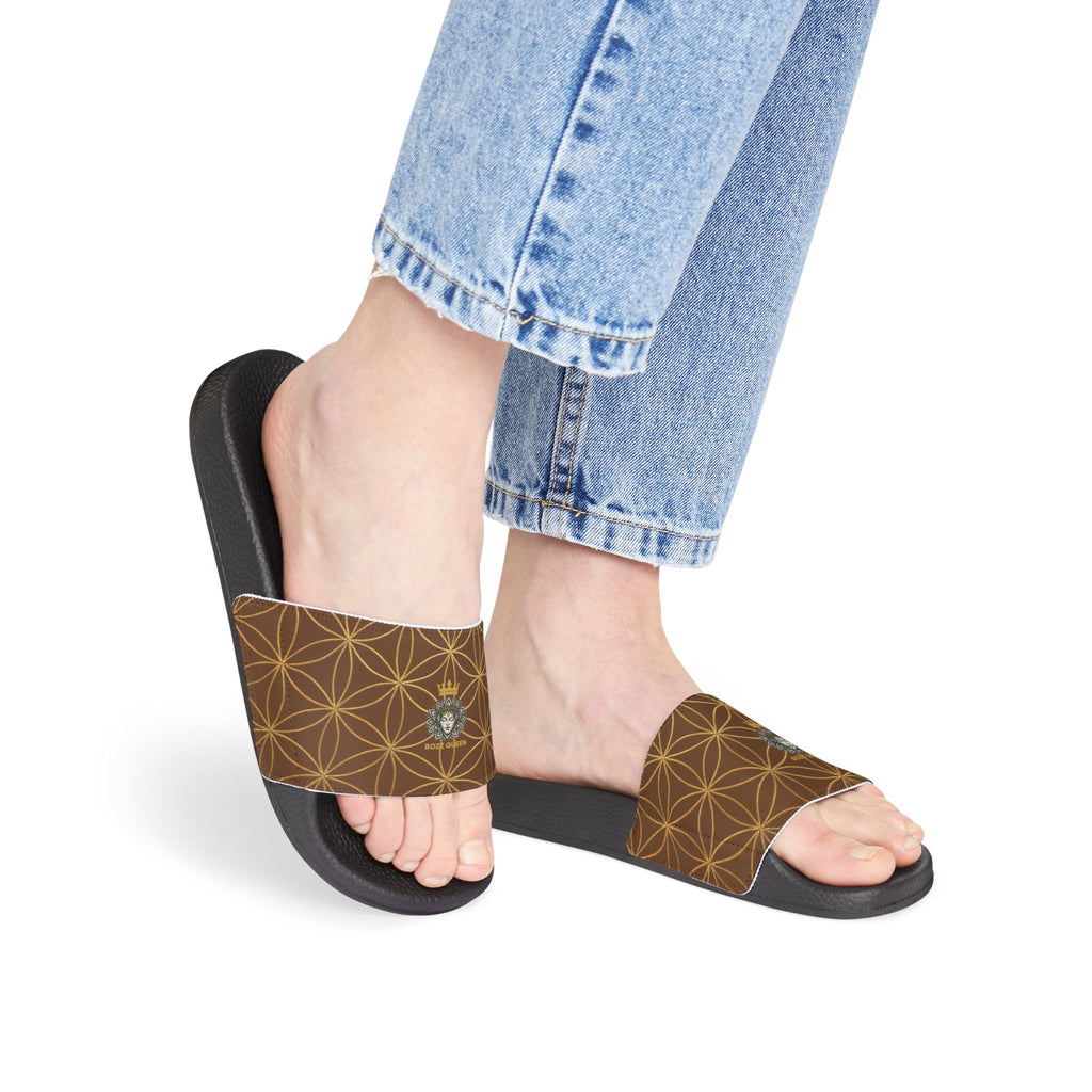 Bozz Queen Brown Flower of Life Women's Sandals - Removable Strap Beach Slides