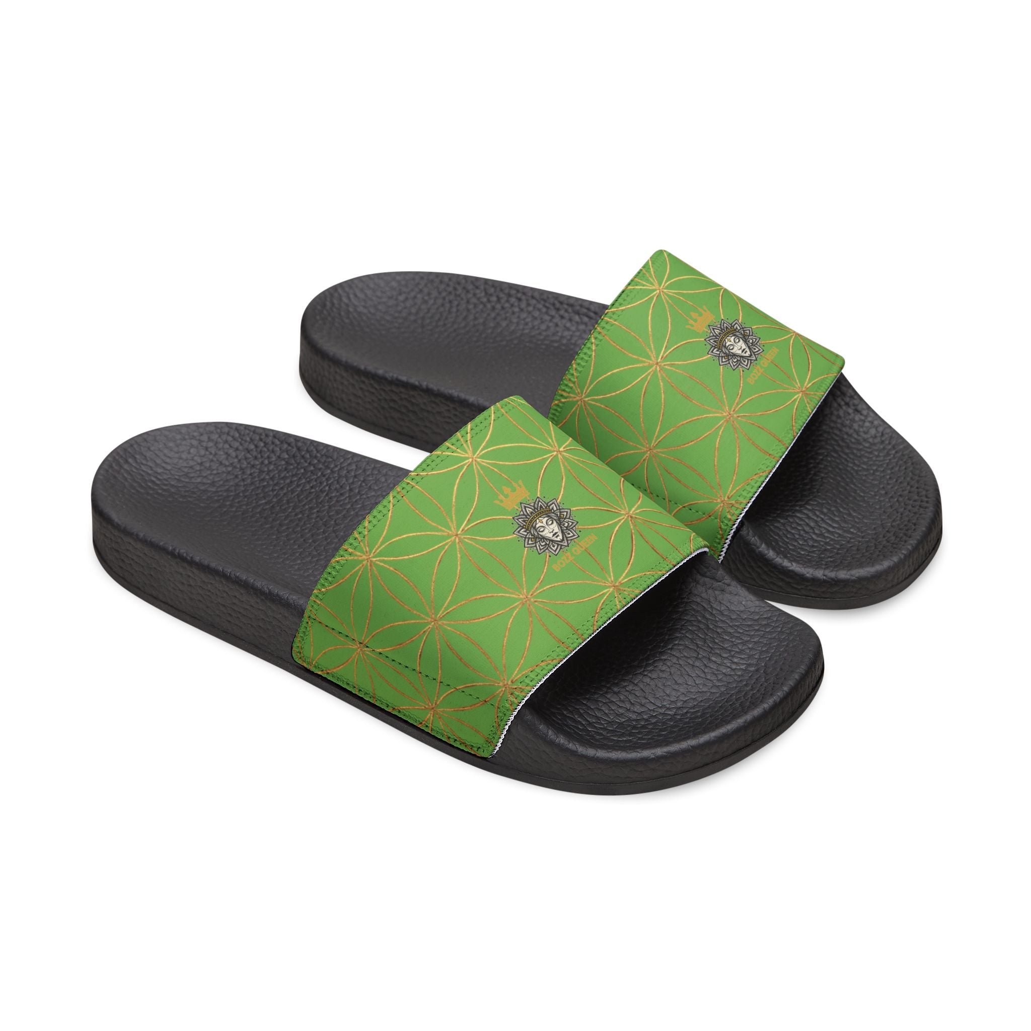 Bozz Queen Green Flower of Life Women's Sandals - Removable Strap Beach Slides