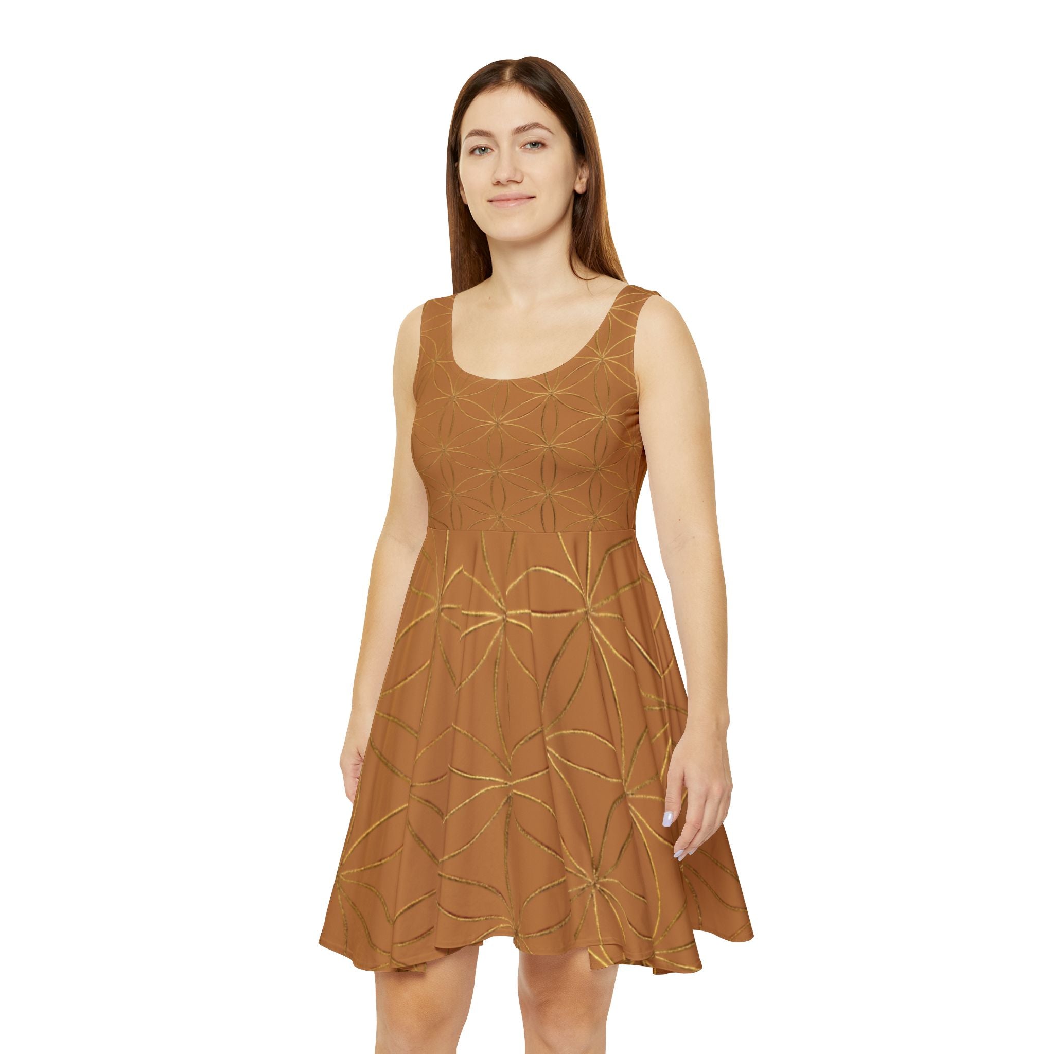 Light Brown Flower of Life Skater Dress - Women's Floral Gold Print Summer Dress