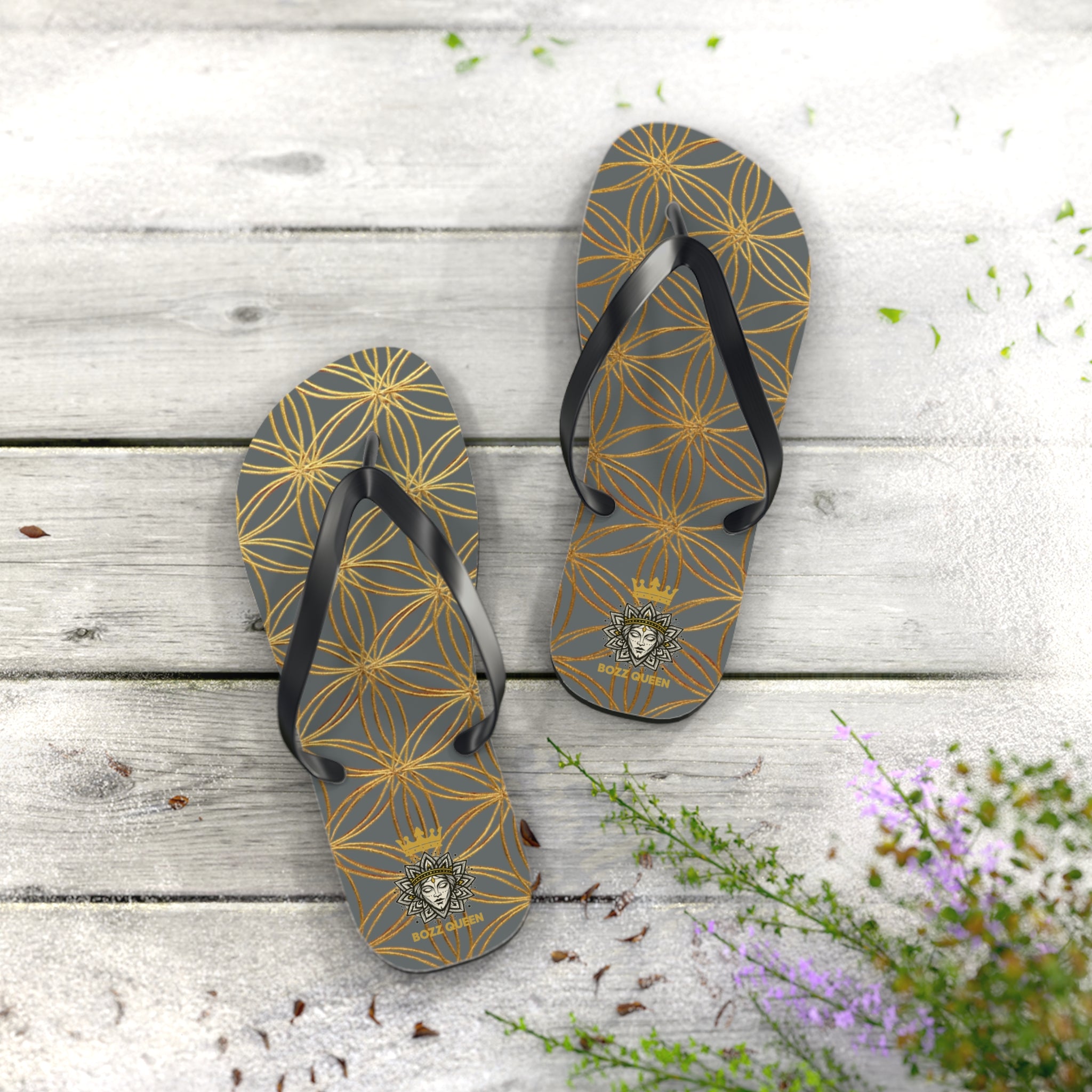 Bozz Queen Dark Grey & Gold Flower of Life Flip Flops - Elegant Beach Sandals