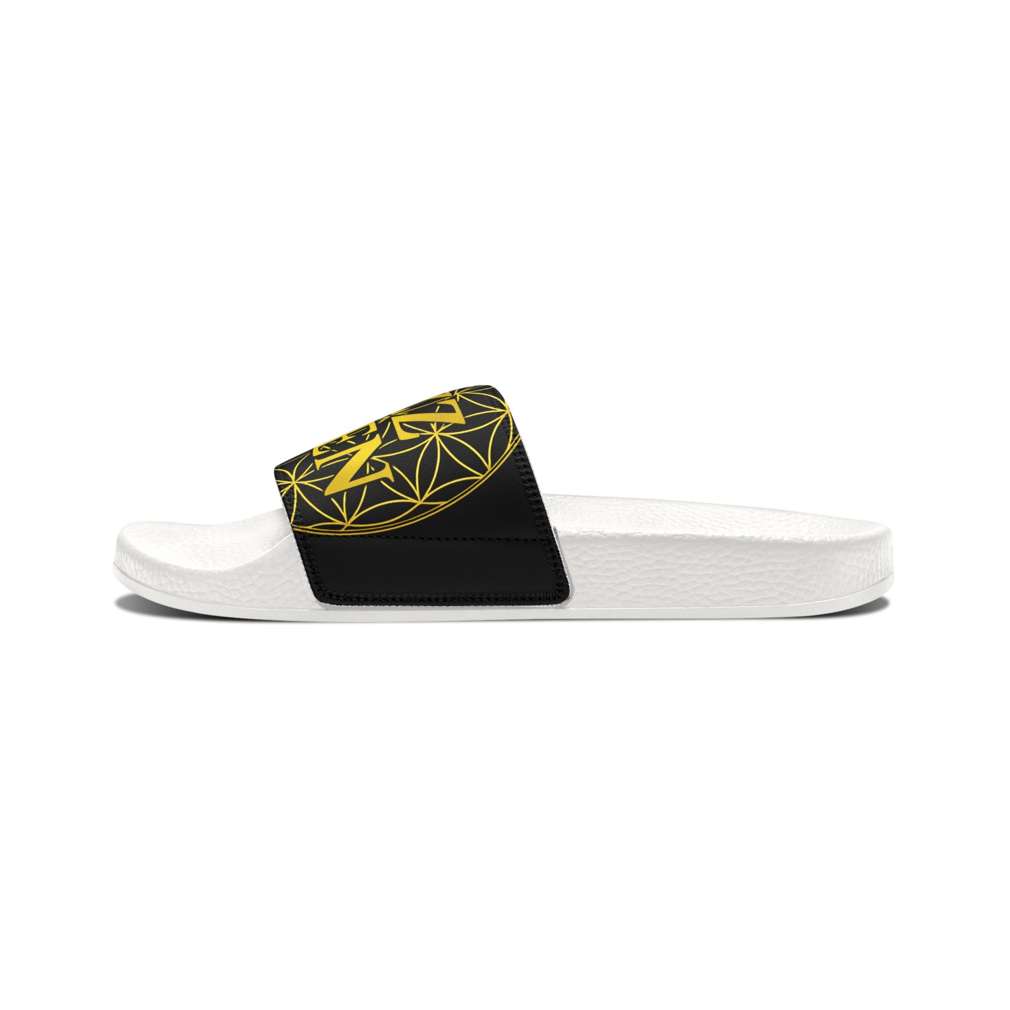Bozz Queen Black & Gold Flower of Life Women's Sandals - Removable Strap Beach Slides