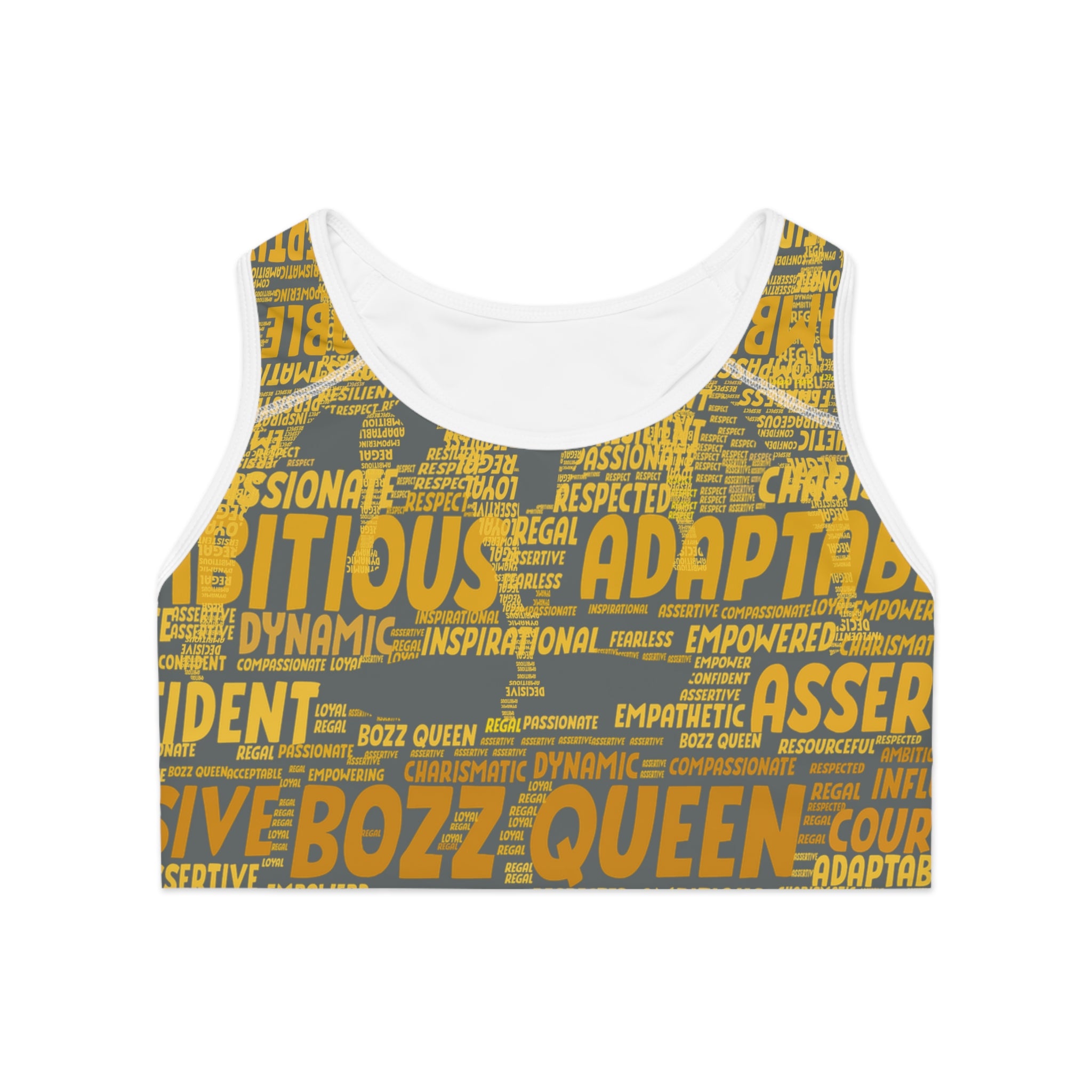 Empowered Words Sports Bra - Bozz Queen Origin Collection | Dark Grey & Yellow
