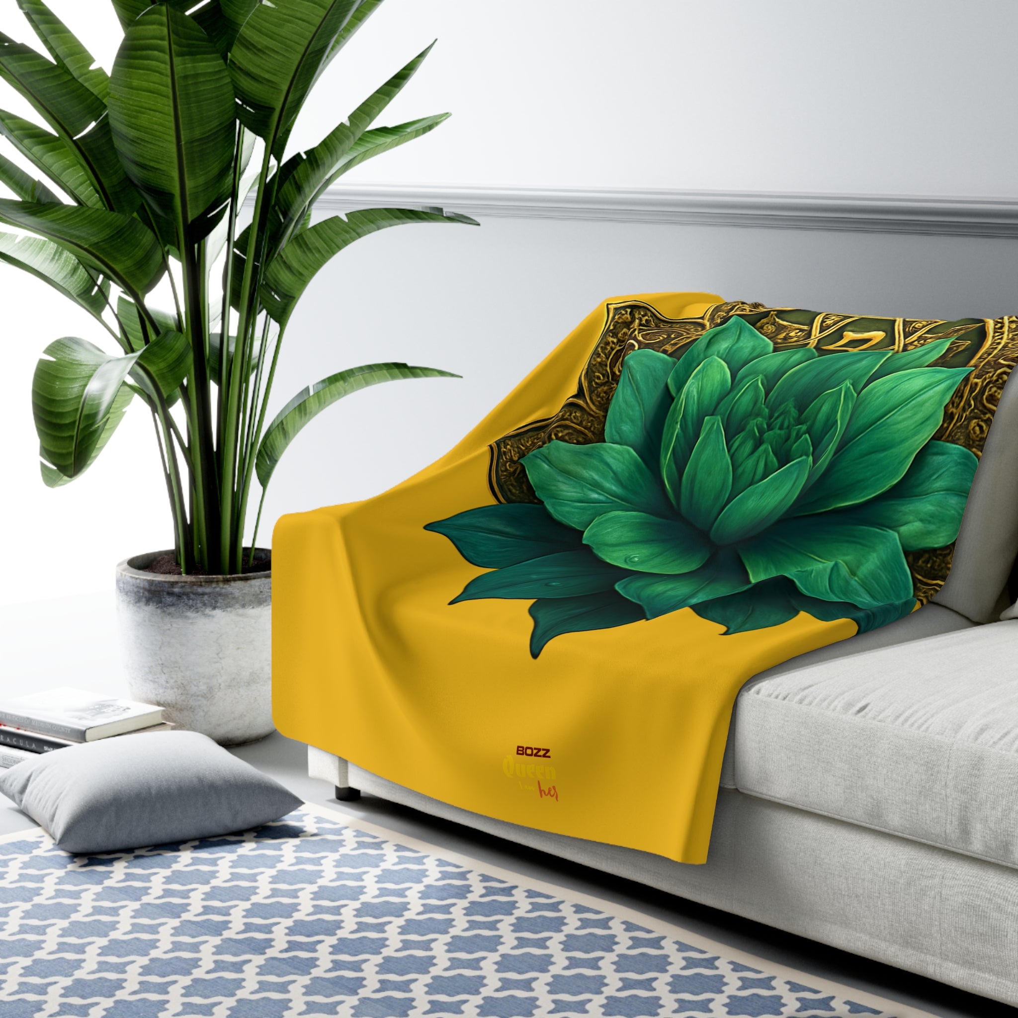 Heart Chakra Green Lotus Sherpa Blanket - Meditation & Yoga Decor