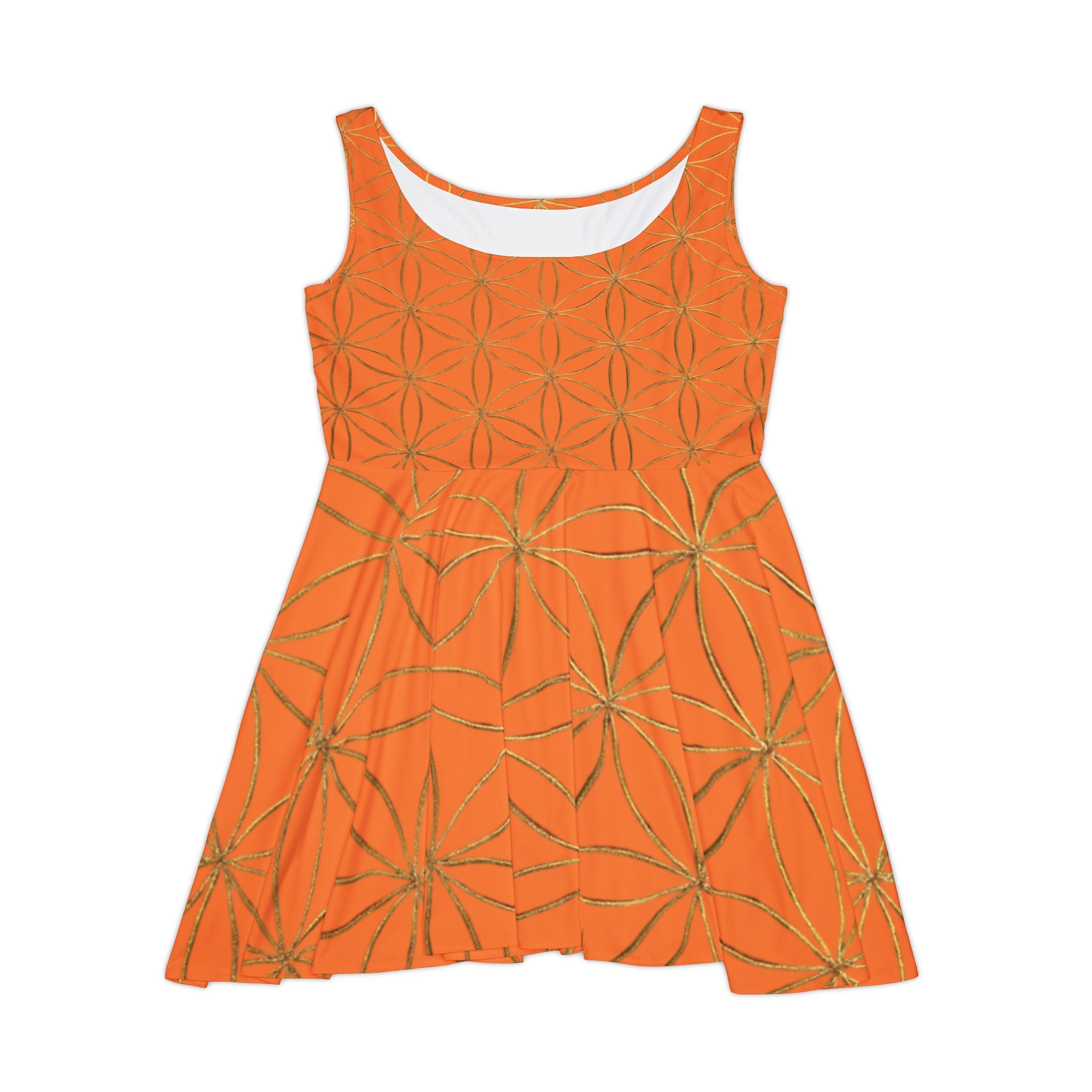 Light Orange Flower of Life Skater Dress - Women's Floral Gold Print Summer Dress