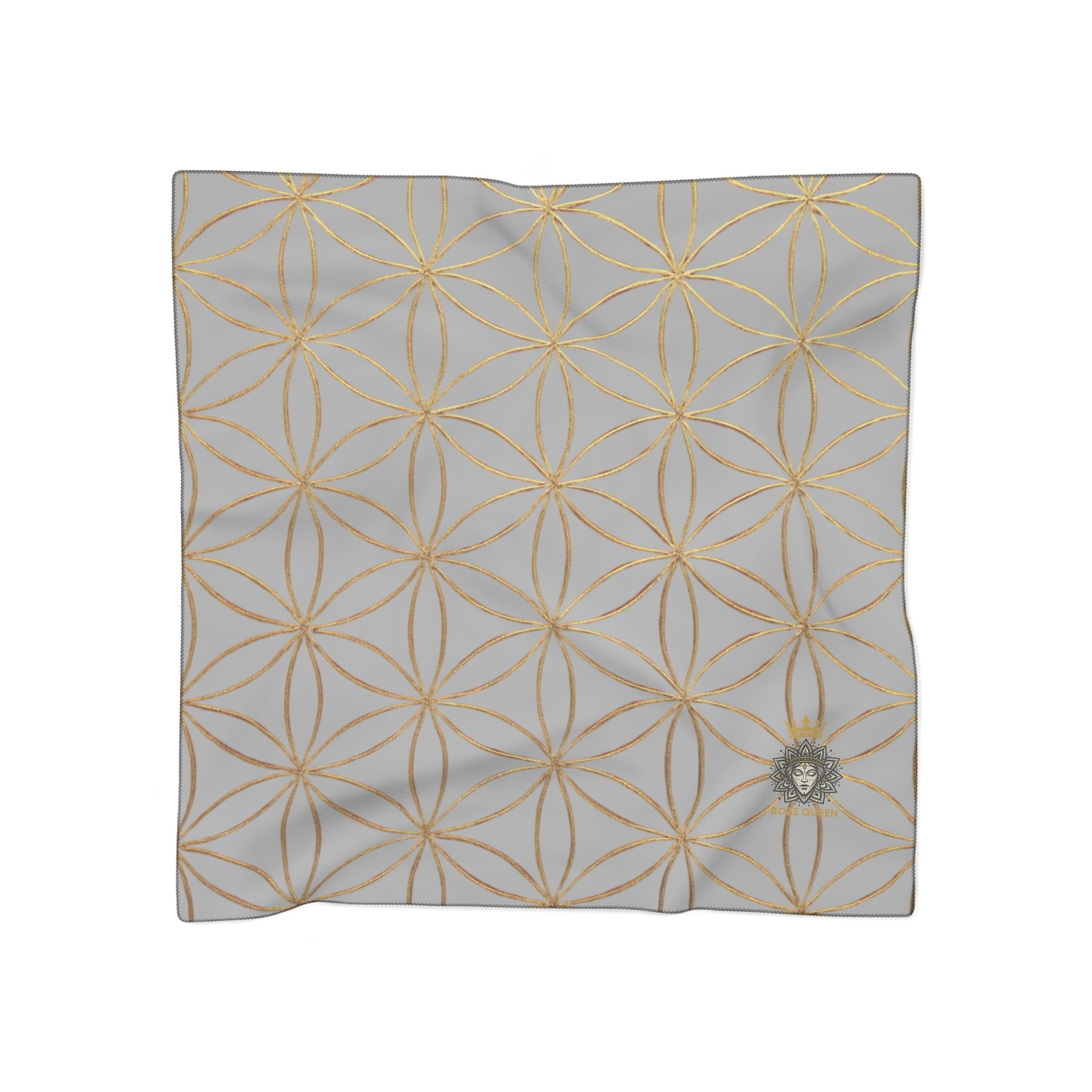 Bozz Queen Flower of Life Scarf - Light Grey & Gold Elegant Lightweight Poly Scarf