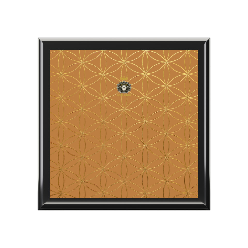 Flower of Life Jewelry Box - Light Brown & Gold Elegant Keepsake Organizer