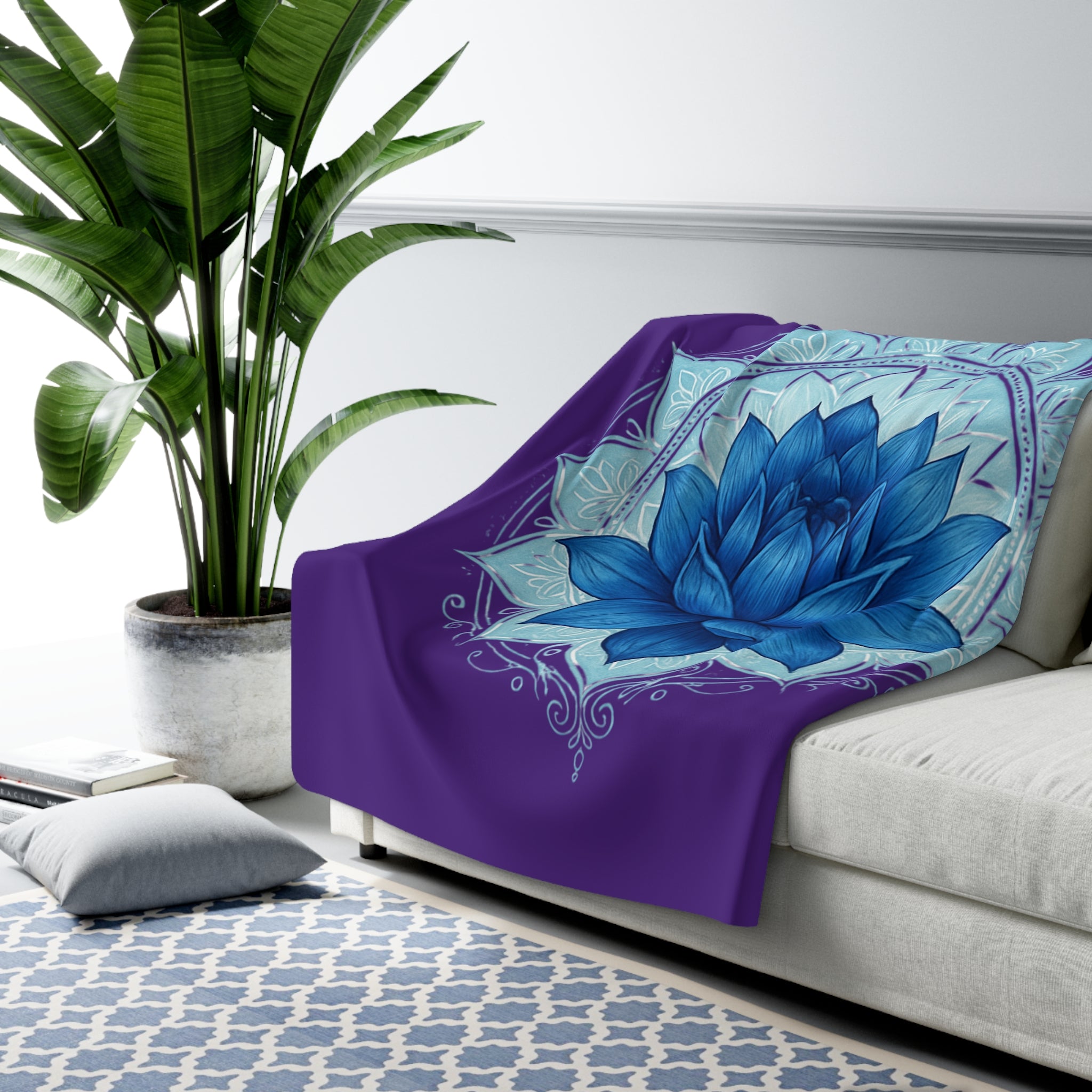 Throat Chakra Purple Sherpa Blanket with Golden Rose - Communication & Truth