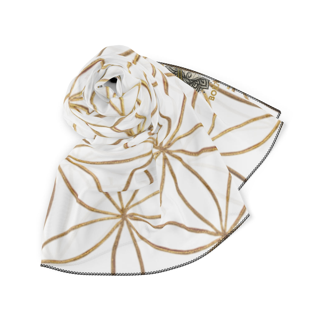 Bozz Queen Flower of Life Scarf - White & Gold Elegant Lightweight Poly Scarf