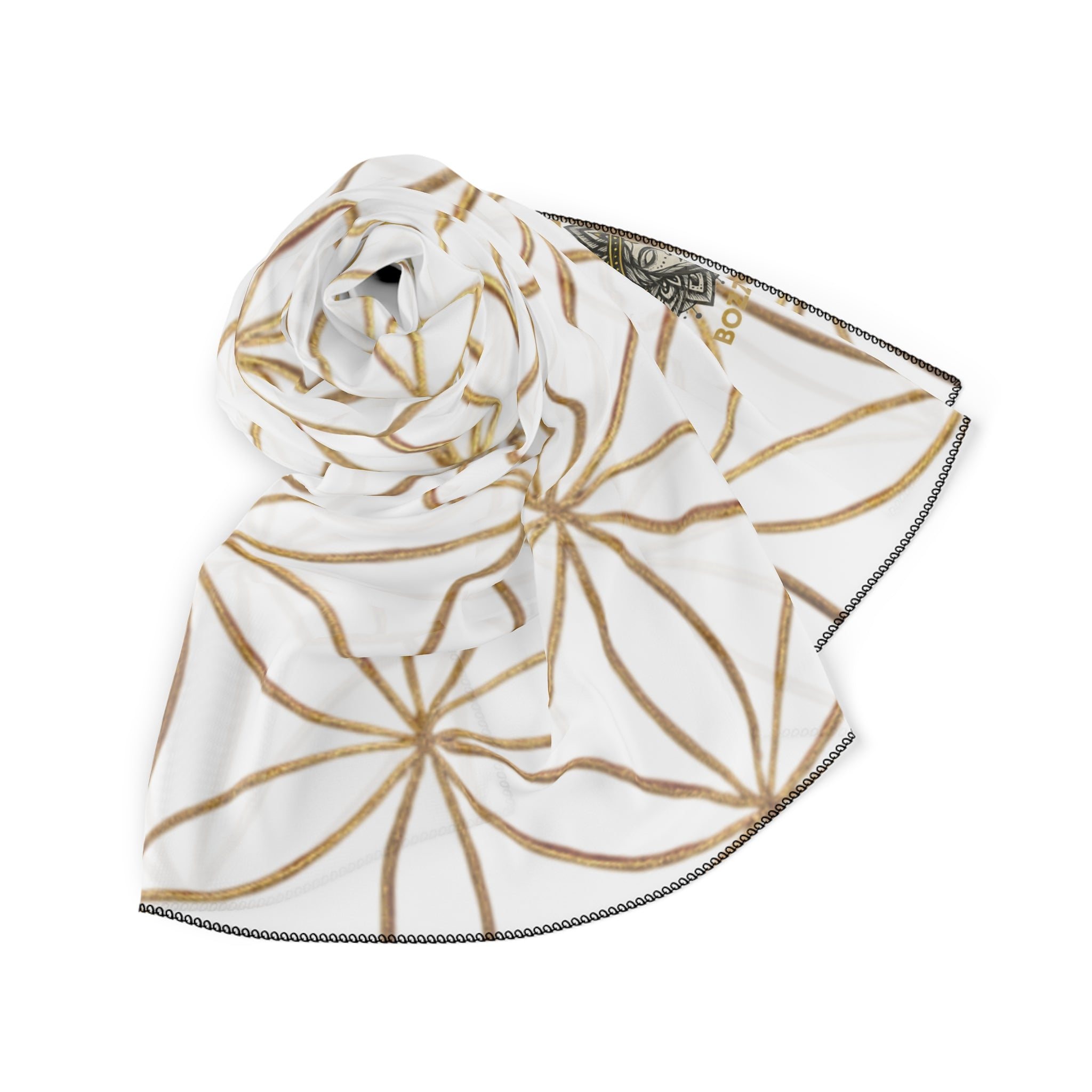 Bozz Queen Flower of Life Scarf - White & Gold Elegant Lightweight Poly Scarf