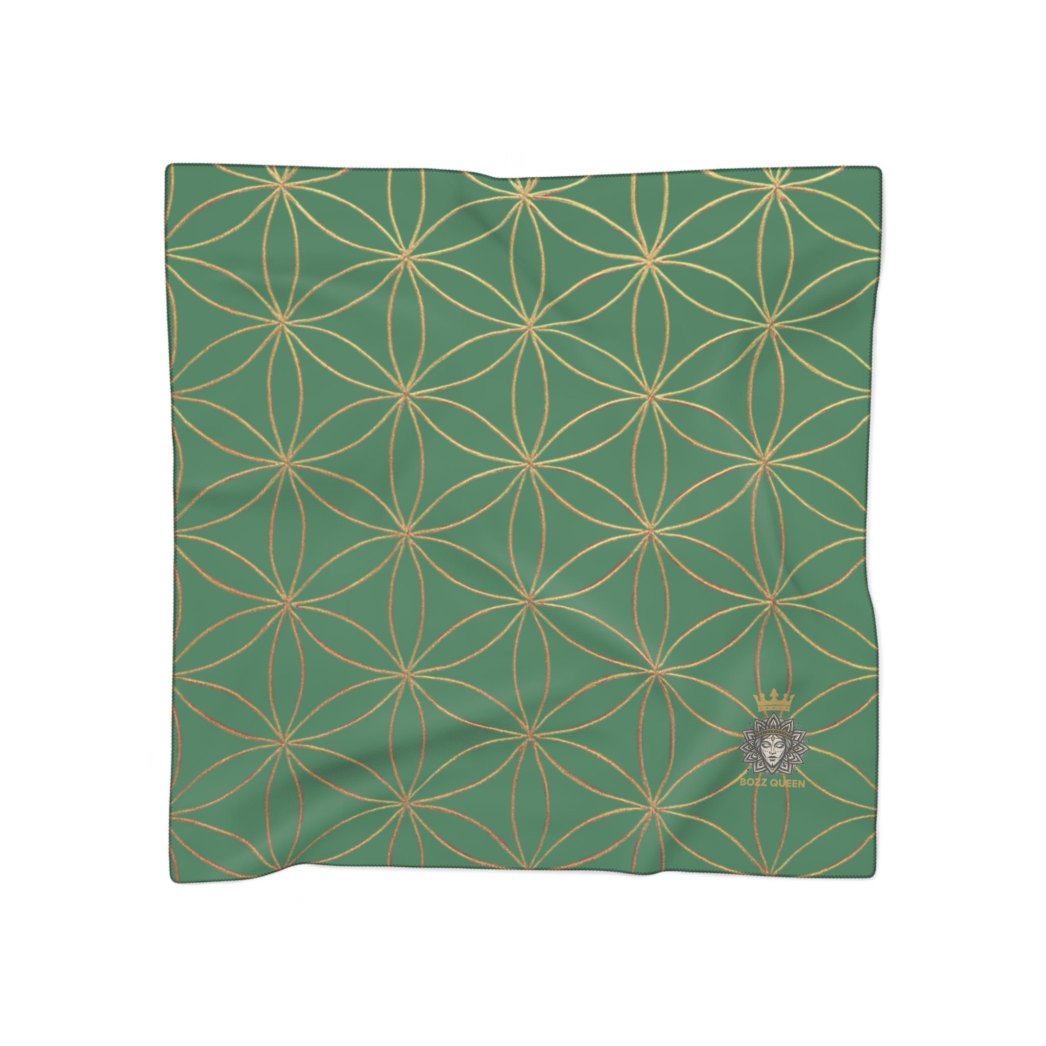 Bozz Queen Flower of Life Scarf - Dark Green & Gold Elegant Lightweight Poly Scarf