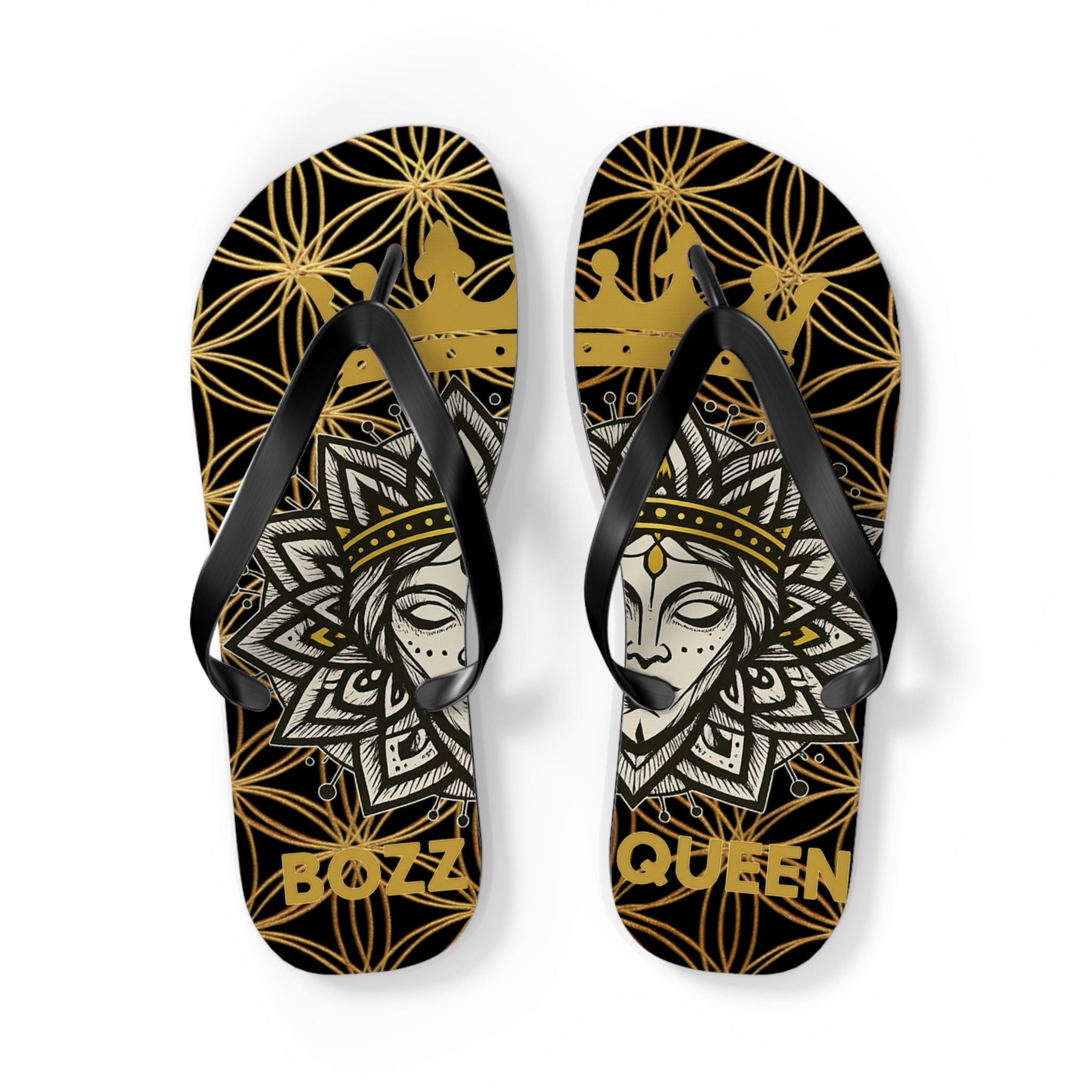 Flower of Life Flip Flops - Black & Gold Beach Sandals | Bozz Queen Lineage Collection
