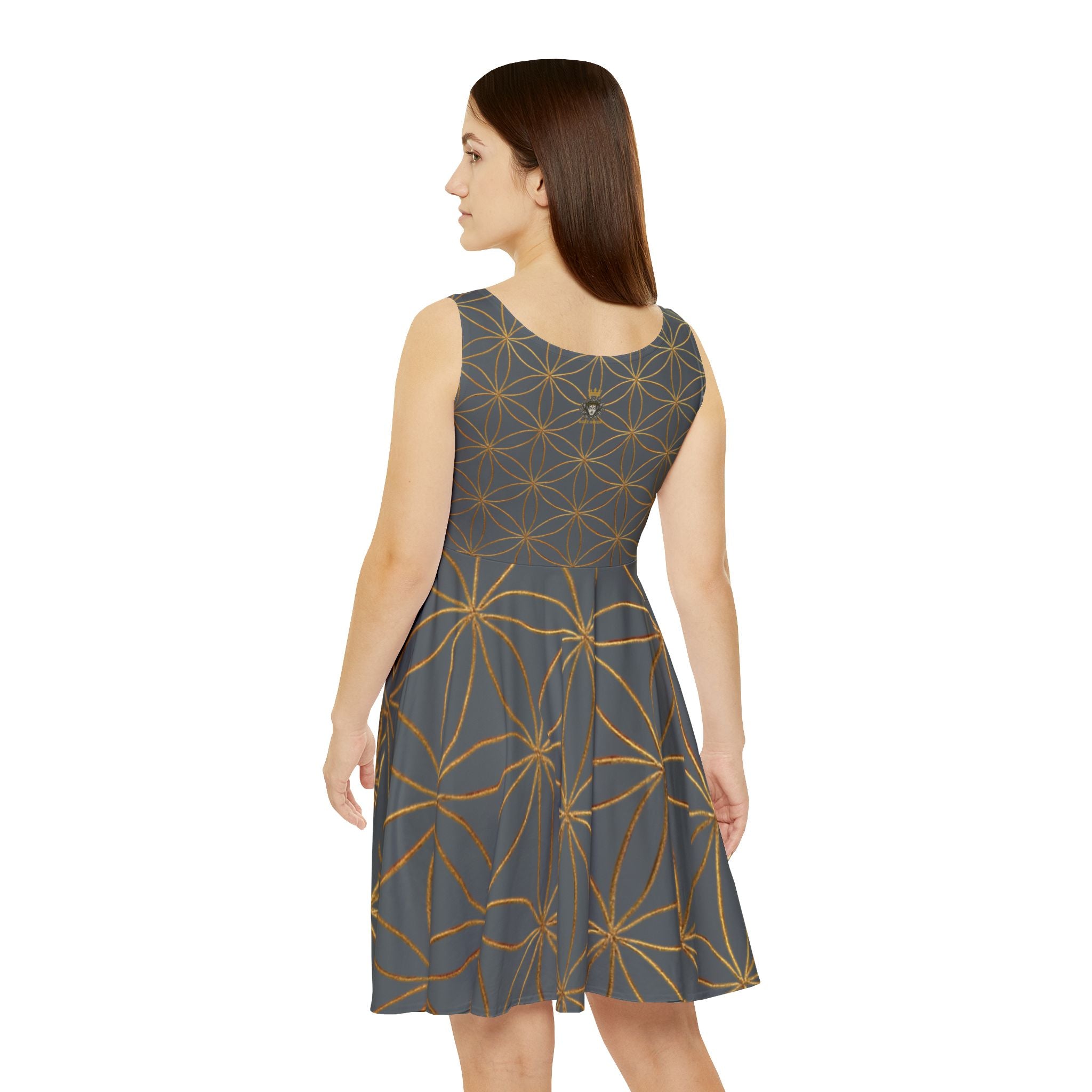 Dark Grey Flower of Life Skater Dress - Women's Floral Gold Print Summer Dress