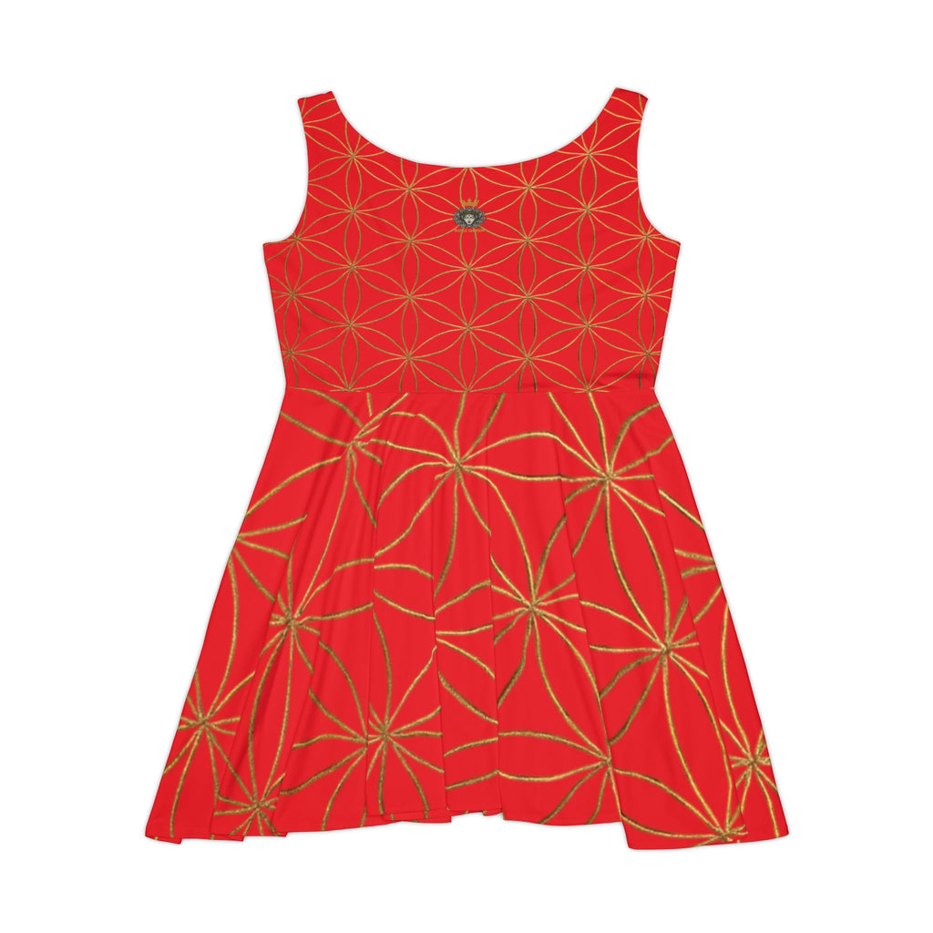 Red Flower of Life Skater Dress - Women's Floral Gold Print Summer Dress