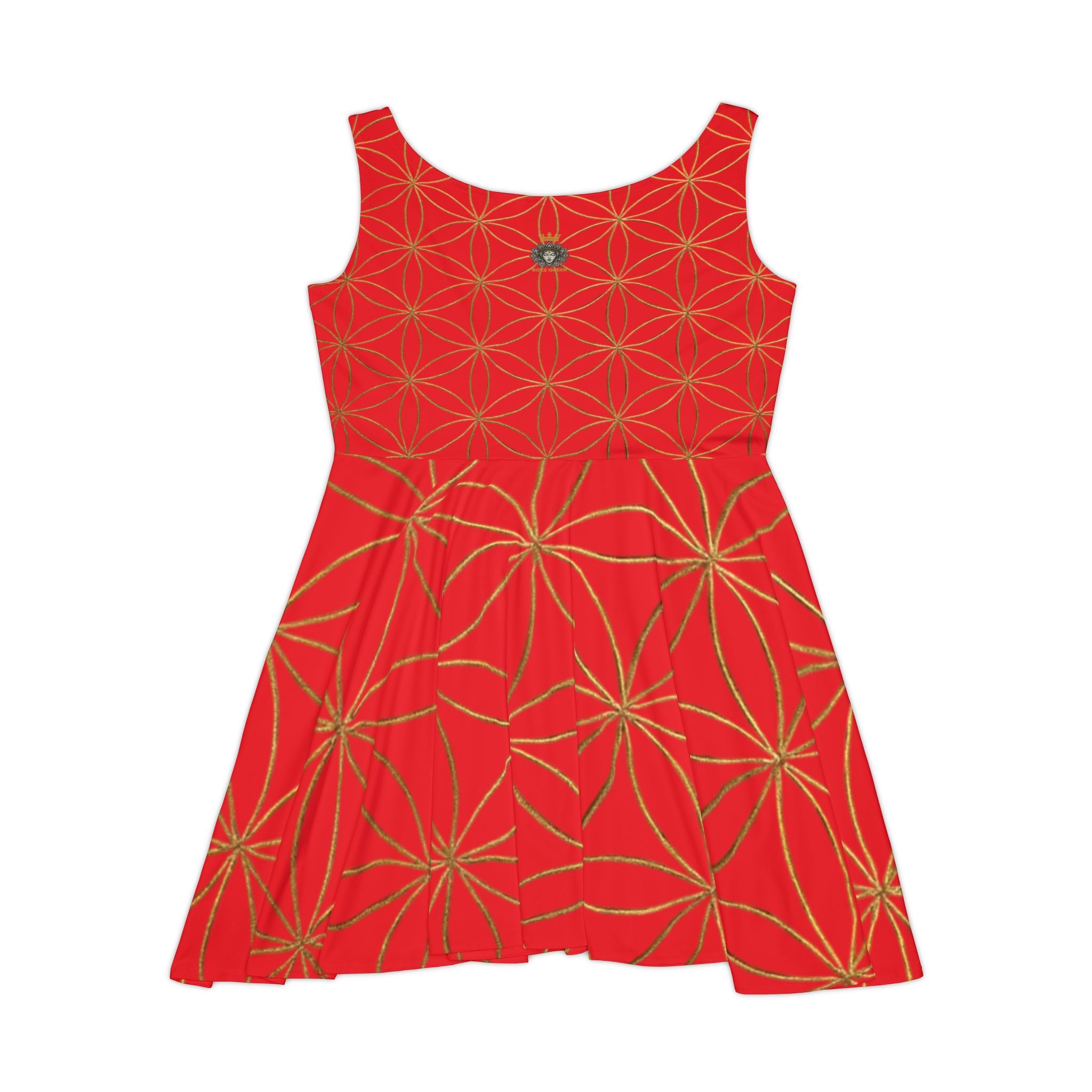 Red Flower of Life Skater Dress - Women's Floral Gold Print Summer Dress