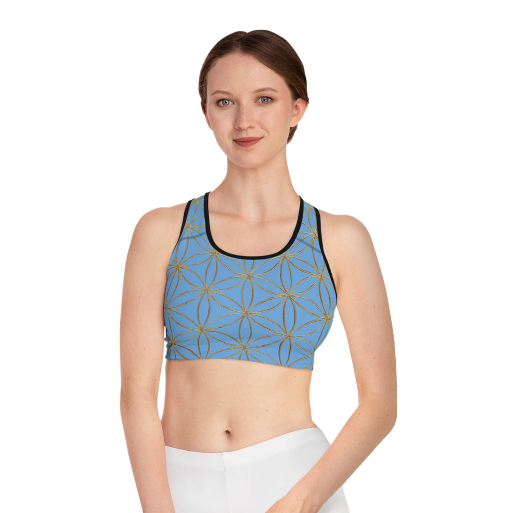 Bozz Queen Light Blue & Gold Flower of Life Sports Bra - Yoga Workout Top