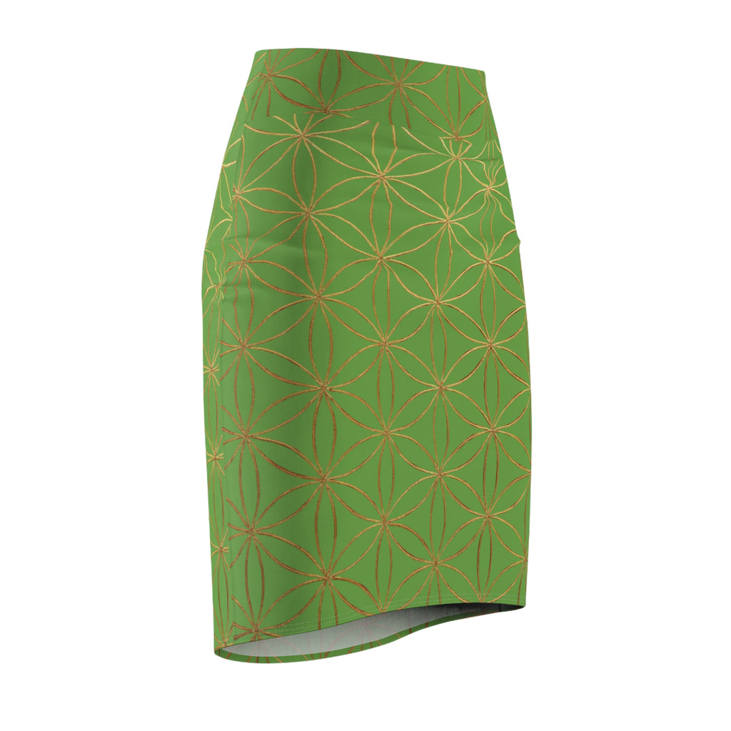 Green Flower of Life Pencil Skirt - Women's Chic Office & Date Night Skirt