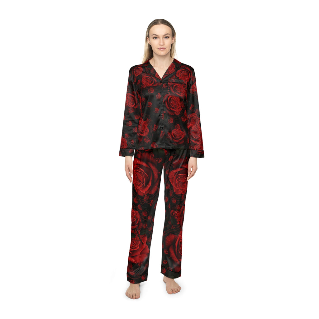Red Root Chakra Floral Satin Pajamas Set - Luxurious Women's Sleepwear Gift