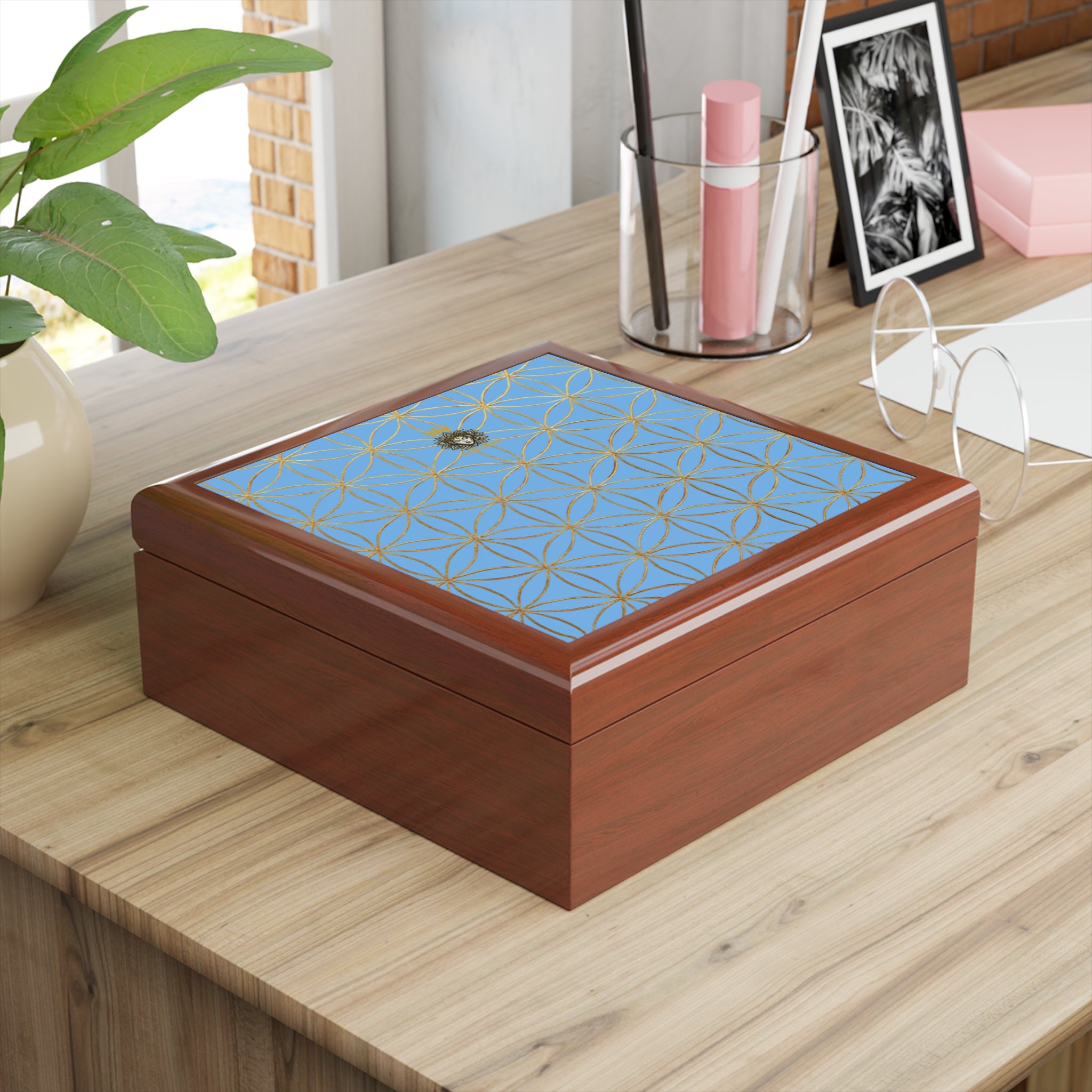 Flower of Life Jewelry Box - Light Blue Purple Elegant Keepsake Organizer