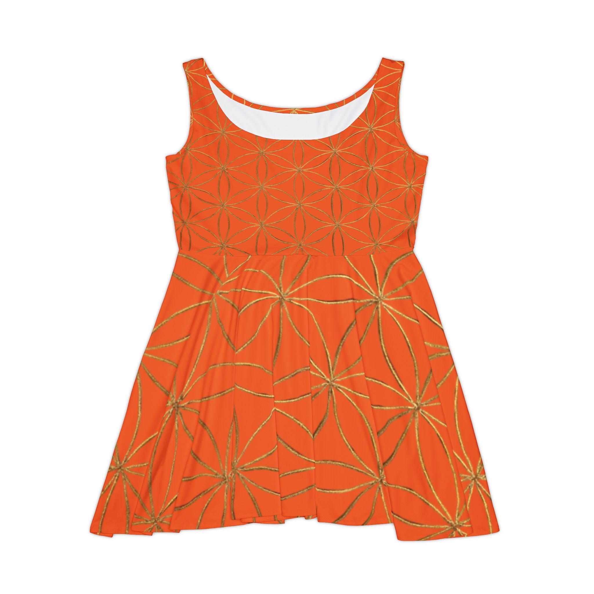 Orange Flower of Life Skater Dress - Women's Floral Gold Print Summer Dress