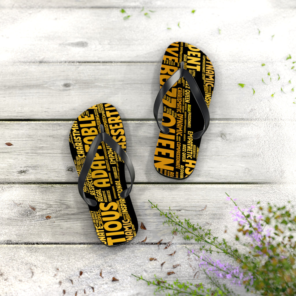 Bozz Queen Black & Gold Bold Statement Flip Flops - Tropical Beach Sandals