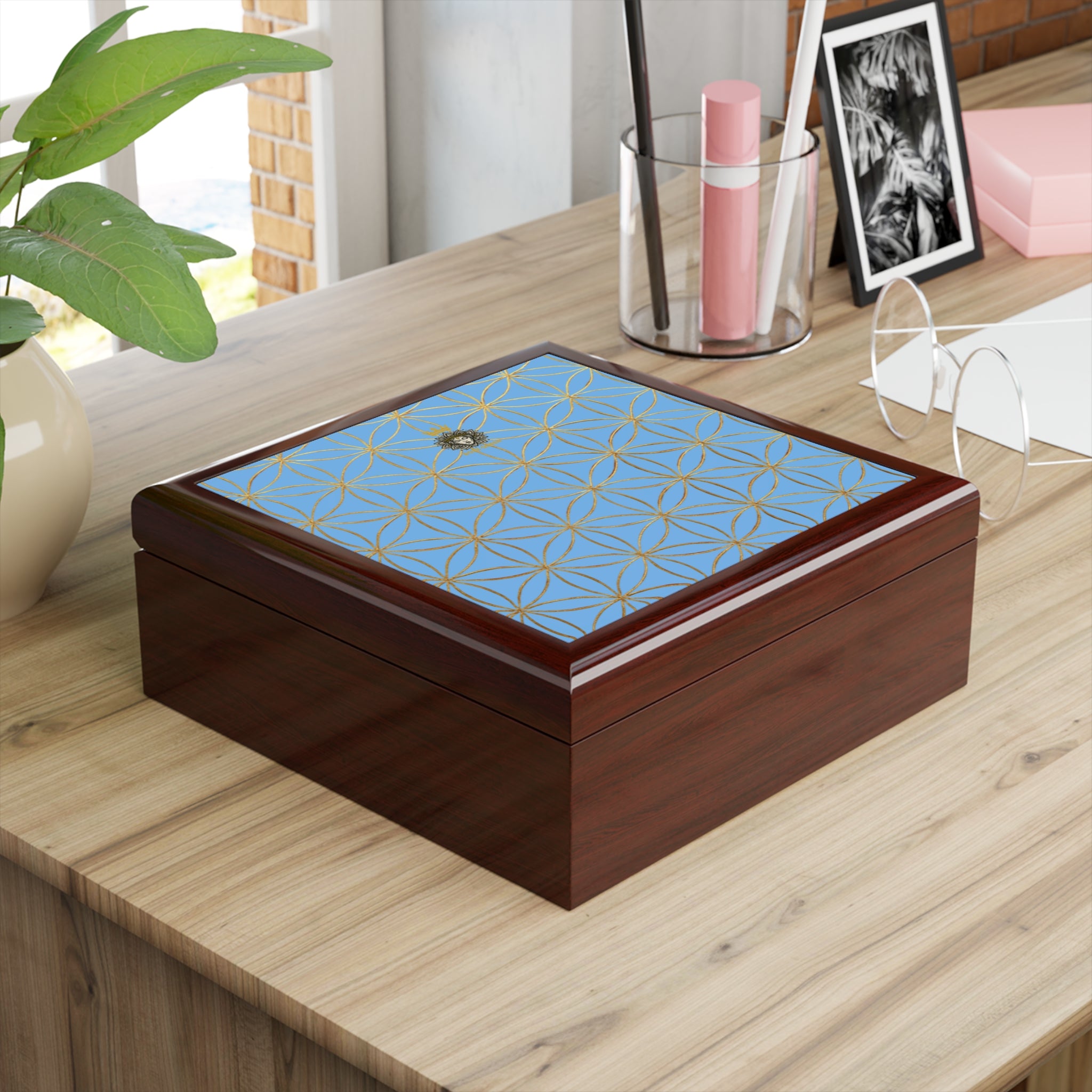 Flower of Life Jewelry Box - Light Blue Purple Elegant Keepsake Organizer
