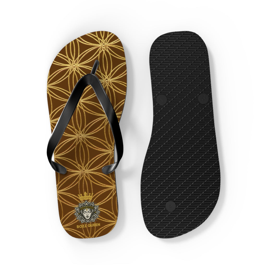 Bozz Queen Brown & Gold Flower of Life Flip Flops - Elegant Beach Sandals